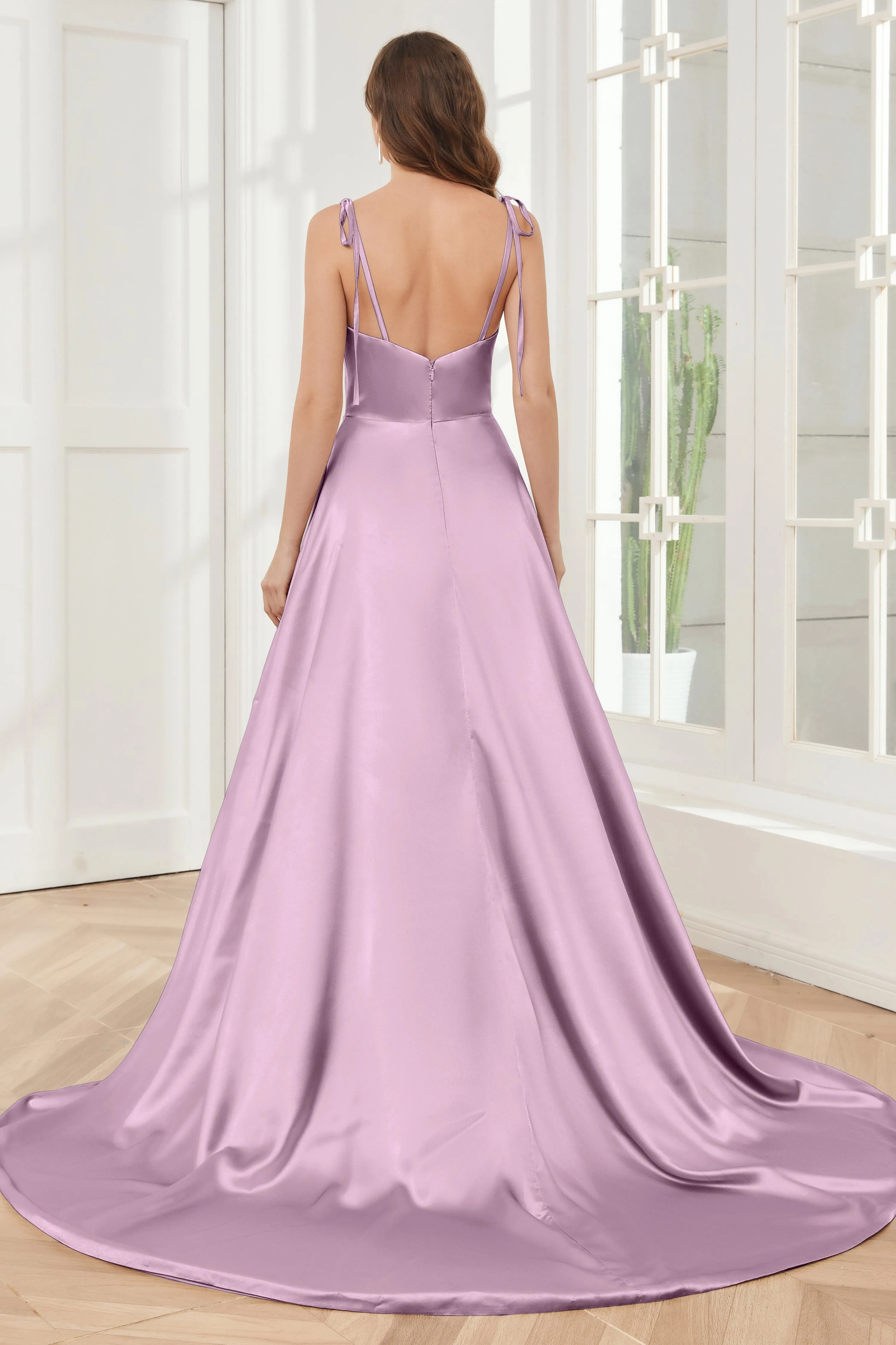 Spaghetti Straps Soft Satin Bridesmaid Dress with Train