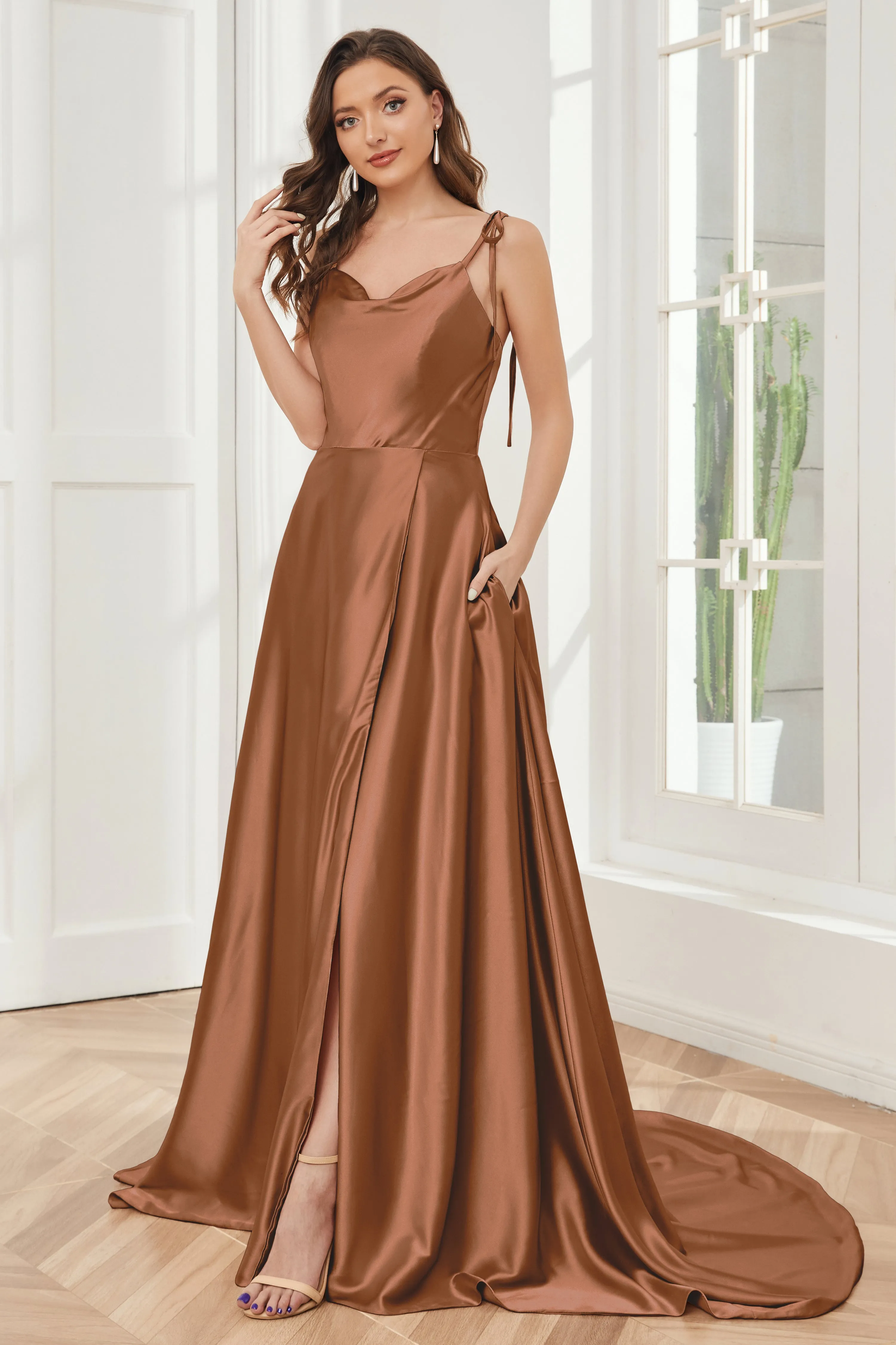 Spaghetti Straps Soft Satin Bridesmaid Dress with Train