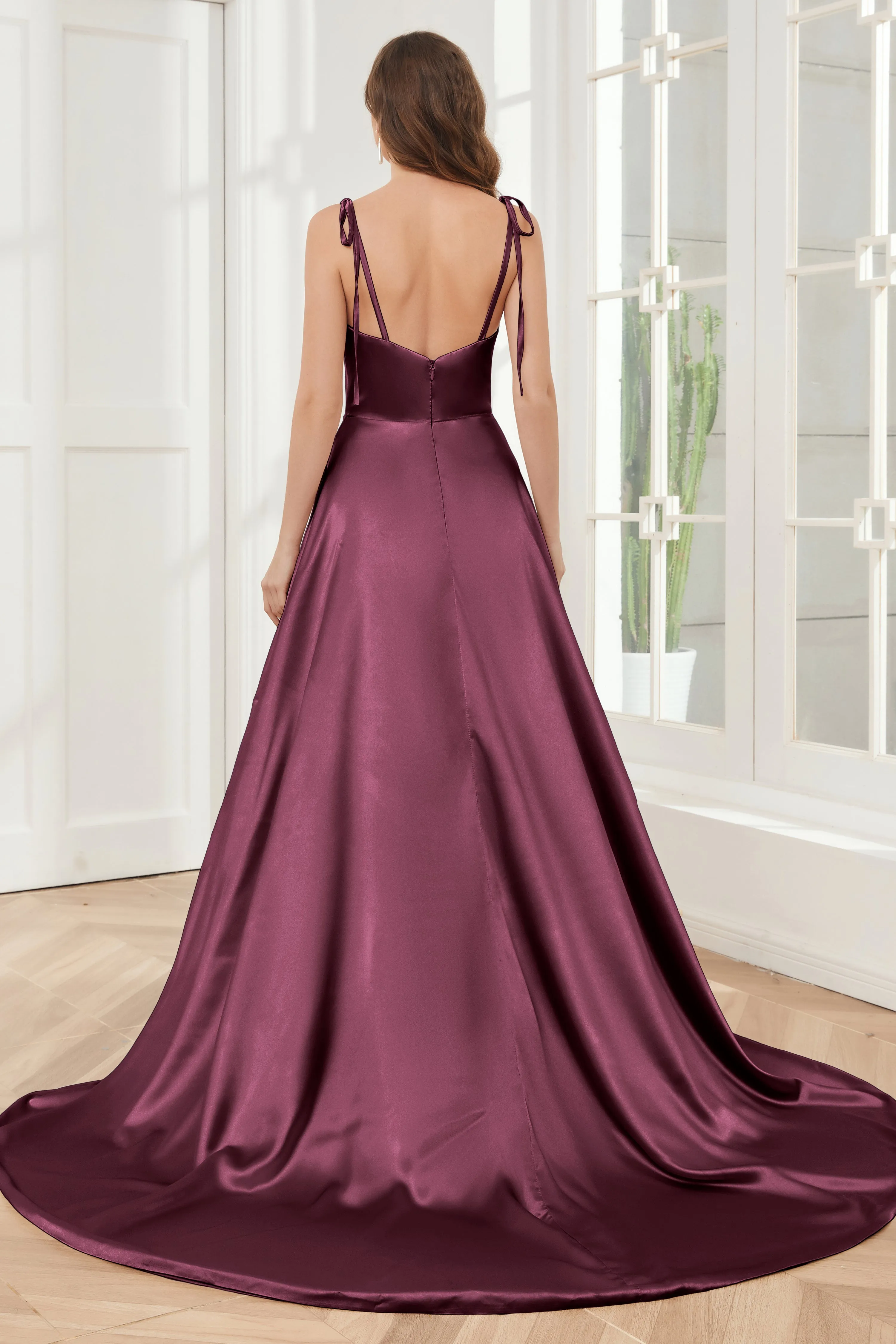 Spaghetti Straps Soft Satin Bridesmaid Dress with Train