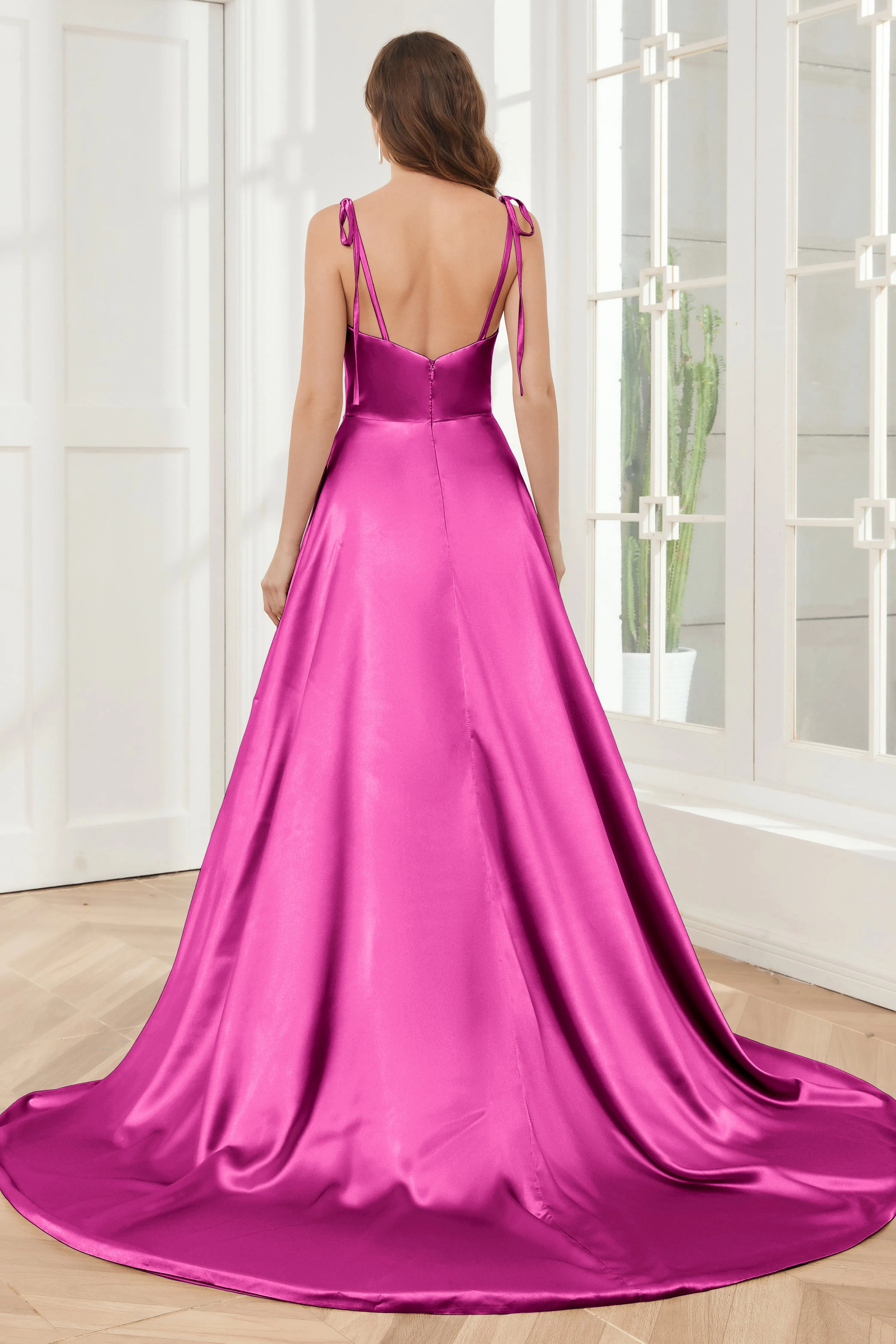Spaghetti Straps Soft Satin Bridesmaid Dress with Train