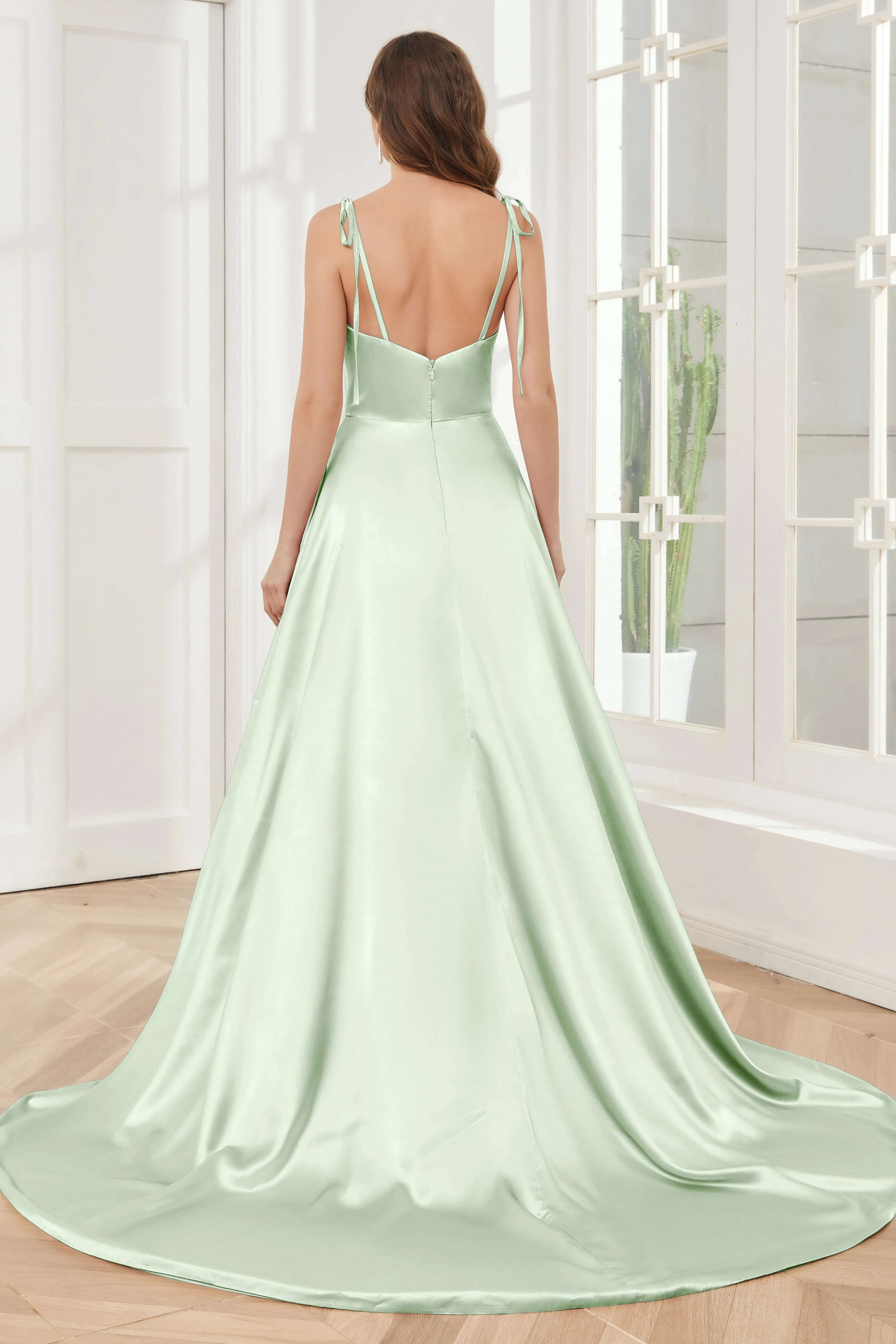 Spaghetti Straps Soft Satin Bridesmaid Dress with Train