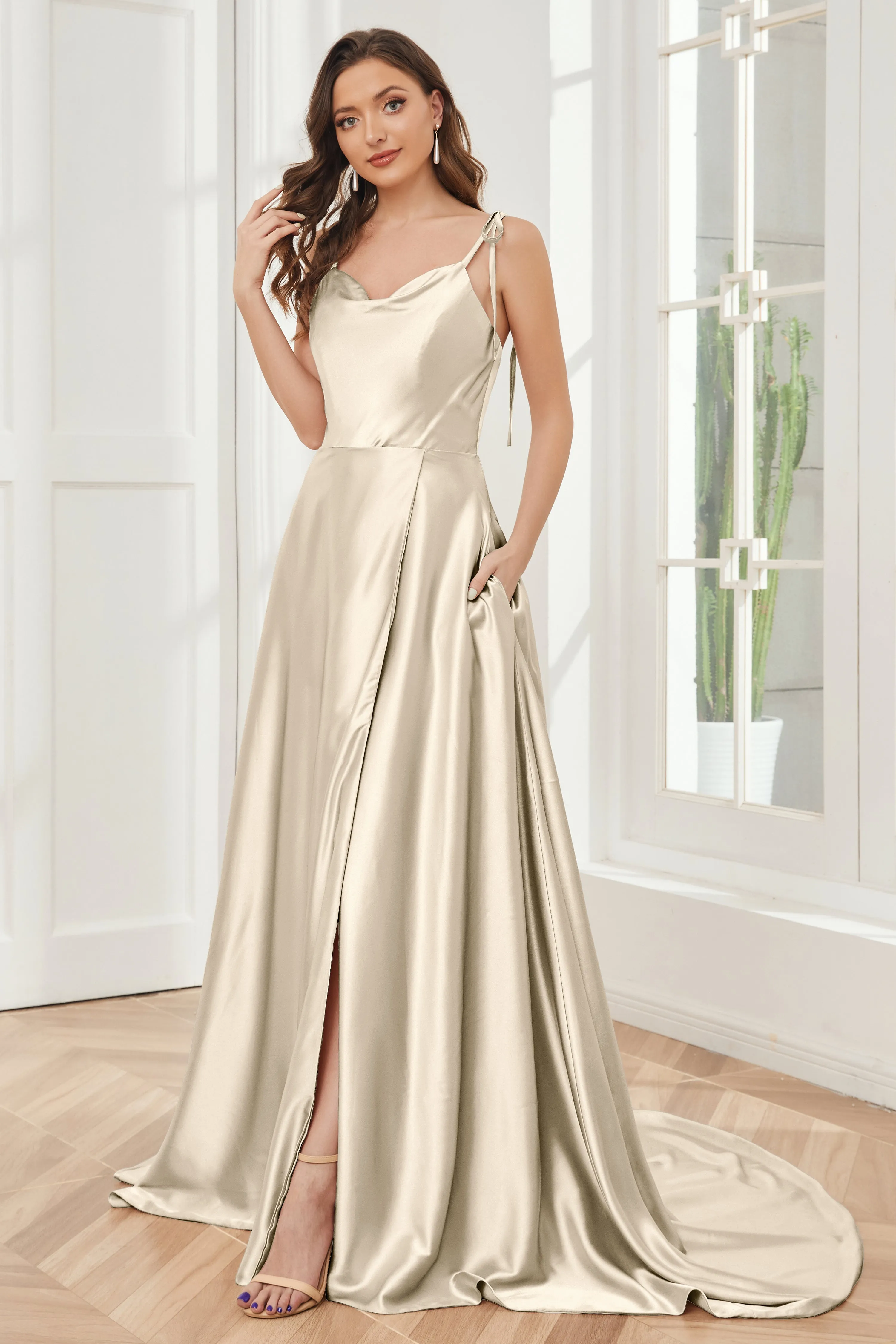 Spaghetti Straps Soft Satin Bridesmaid Dress with Train