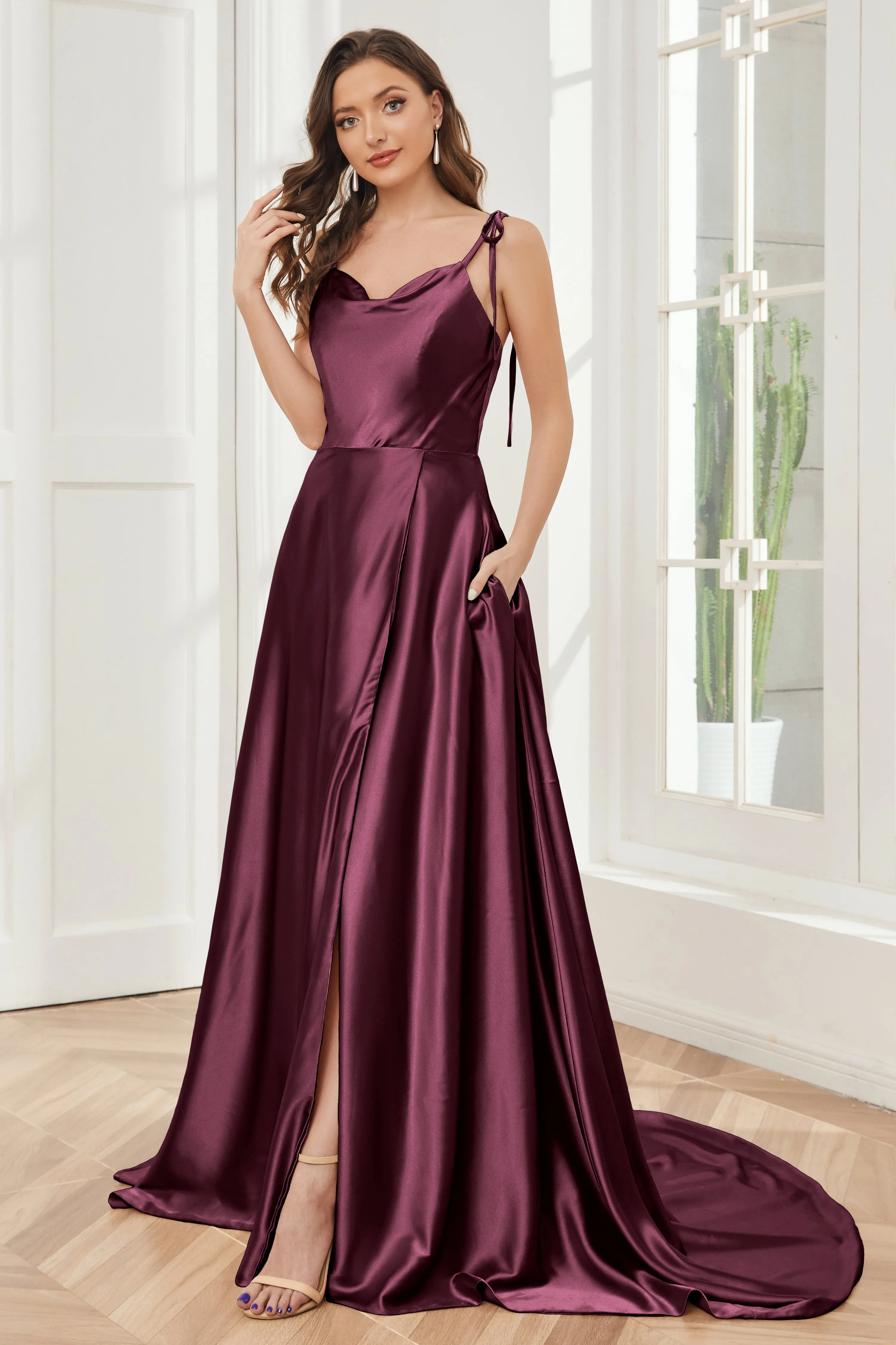 Spaghetti Straps Soft Satin Bridesmaid Dress with Train