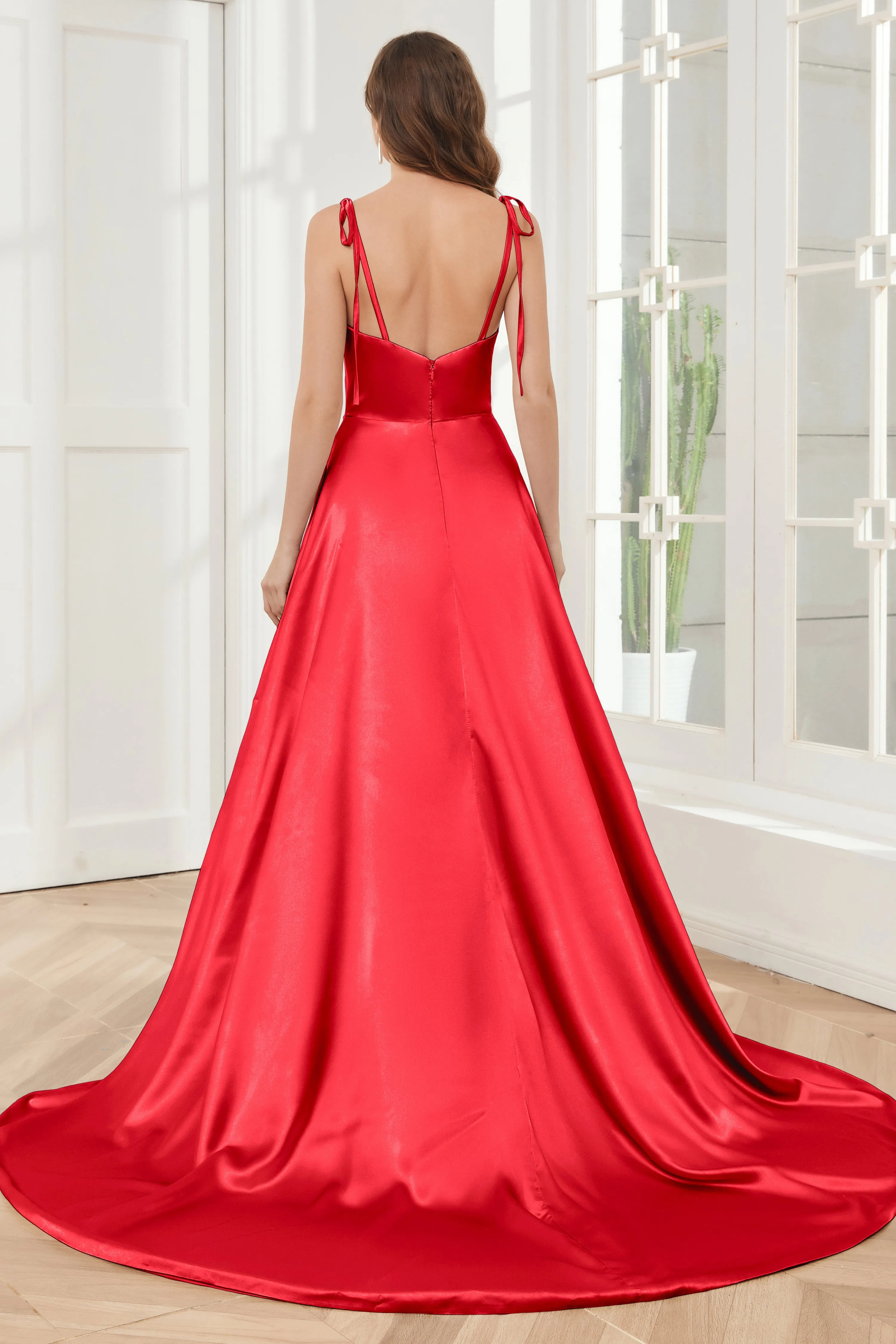 Spaghetti Straps Soft Satin Bridesmaid Dress with Train