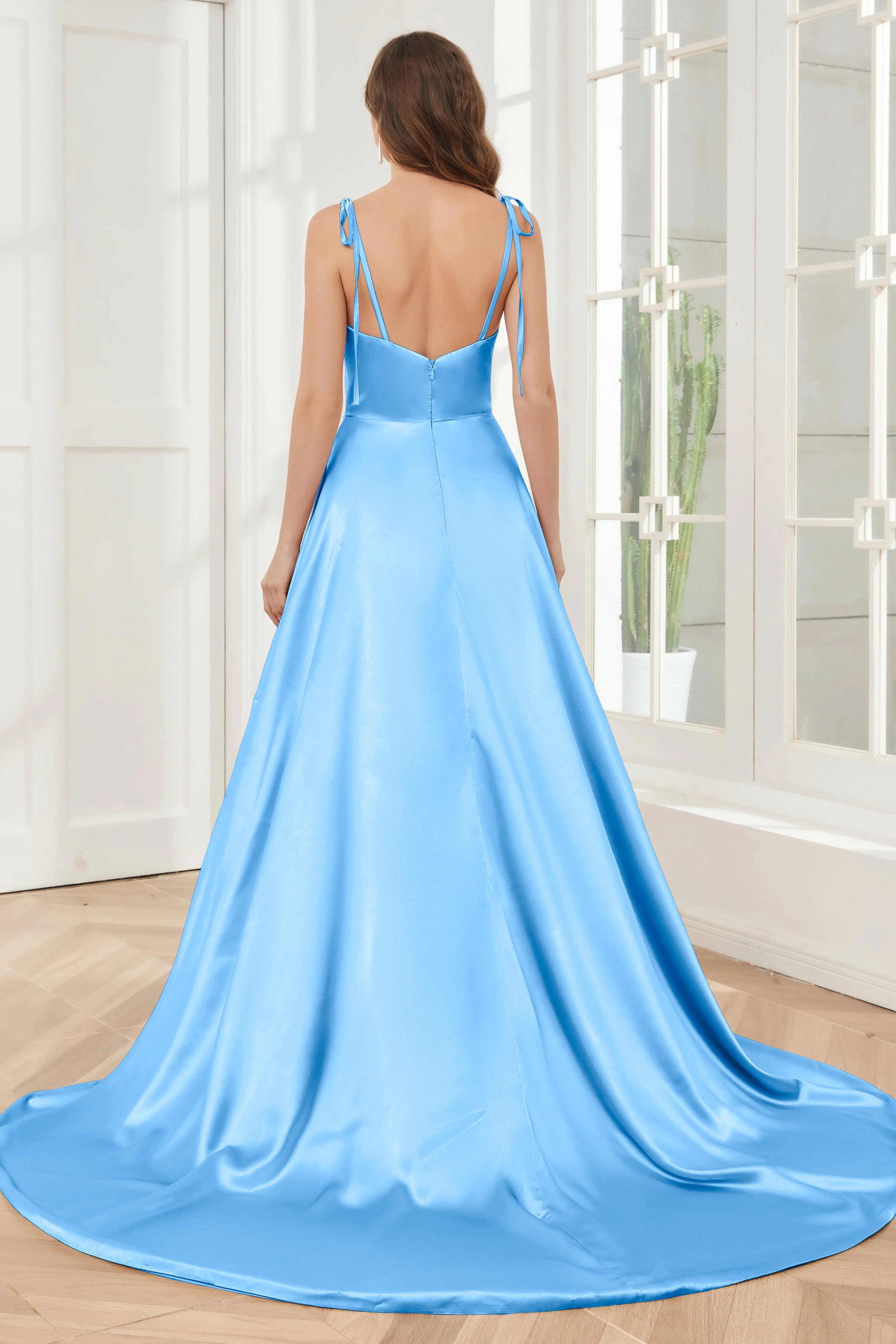 Spaghetti Straps Soft Satin Bridesmaid Dress with Train