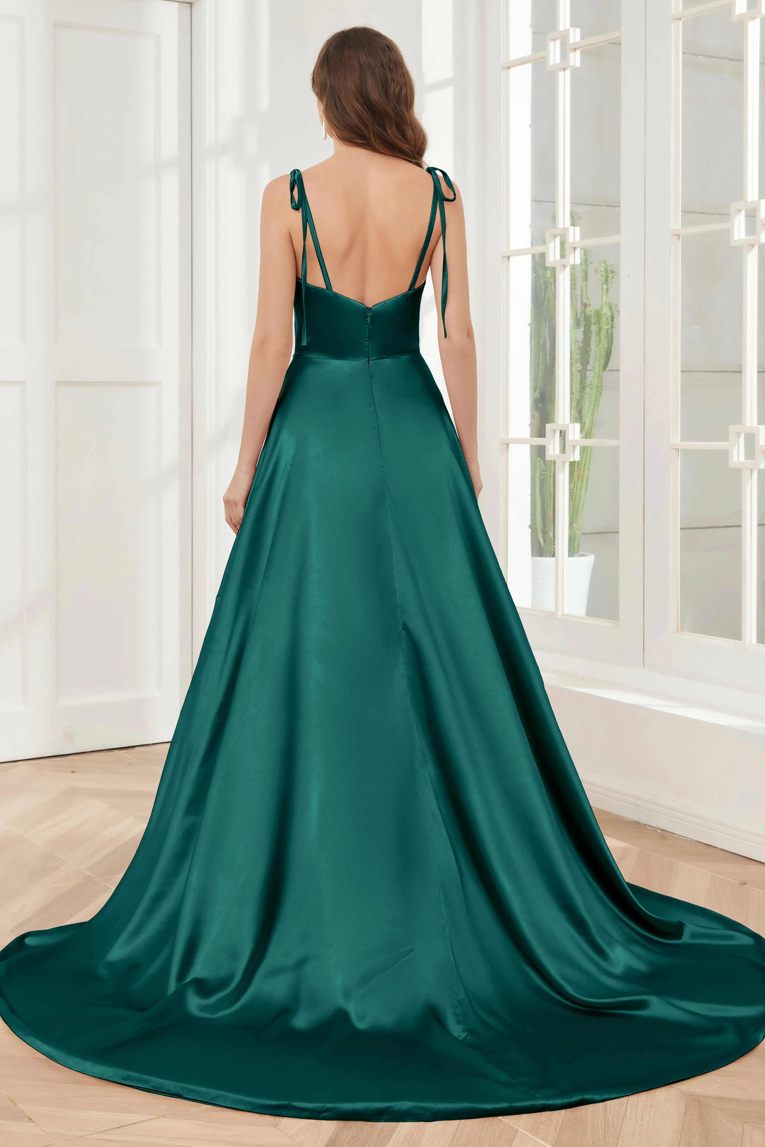 Spaghetti Straps Soft Satin Bridesmaid Dress with Train