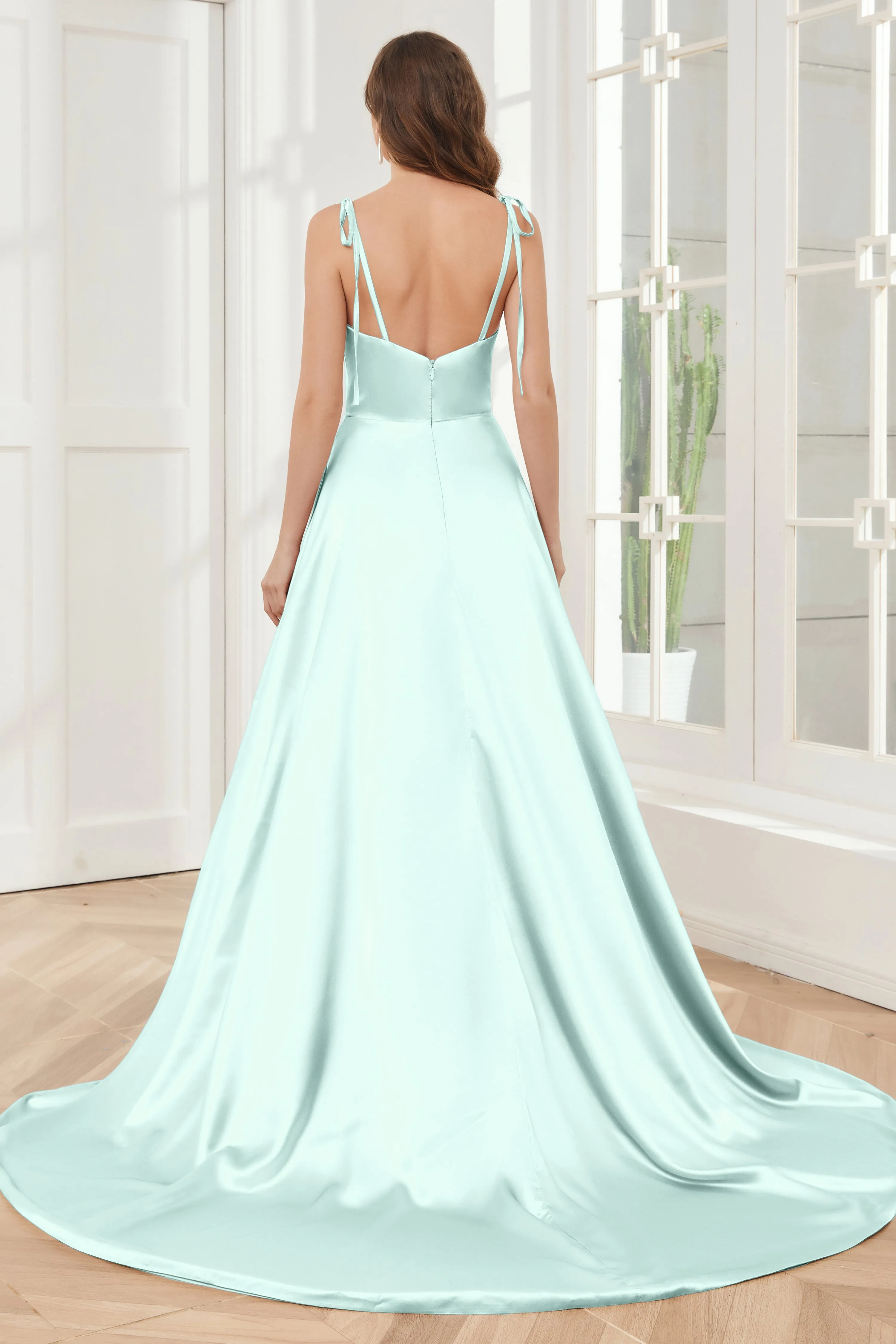 Spaghetti Straps Soft Satin Bridesmaid Dress with Train