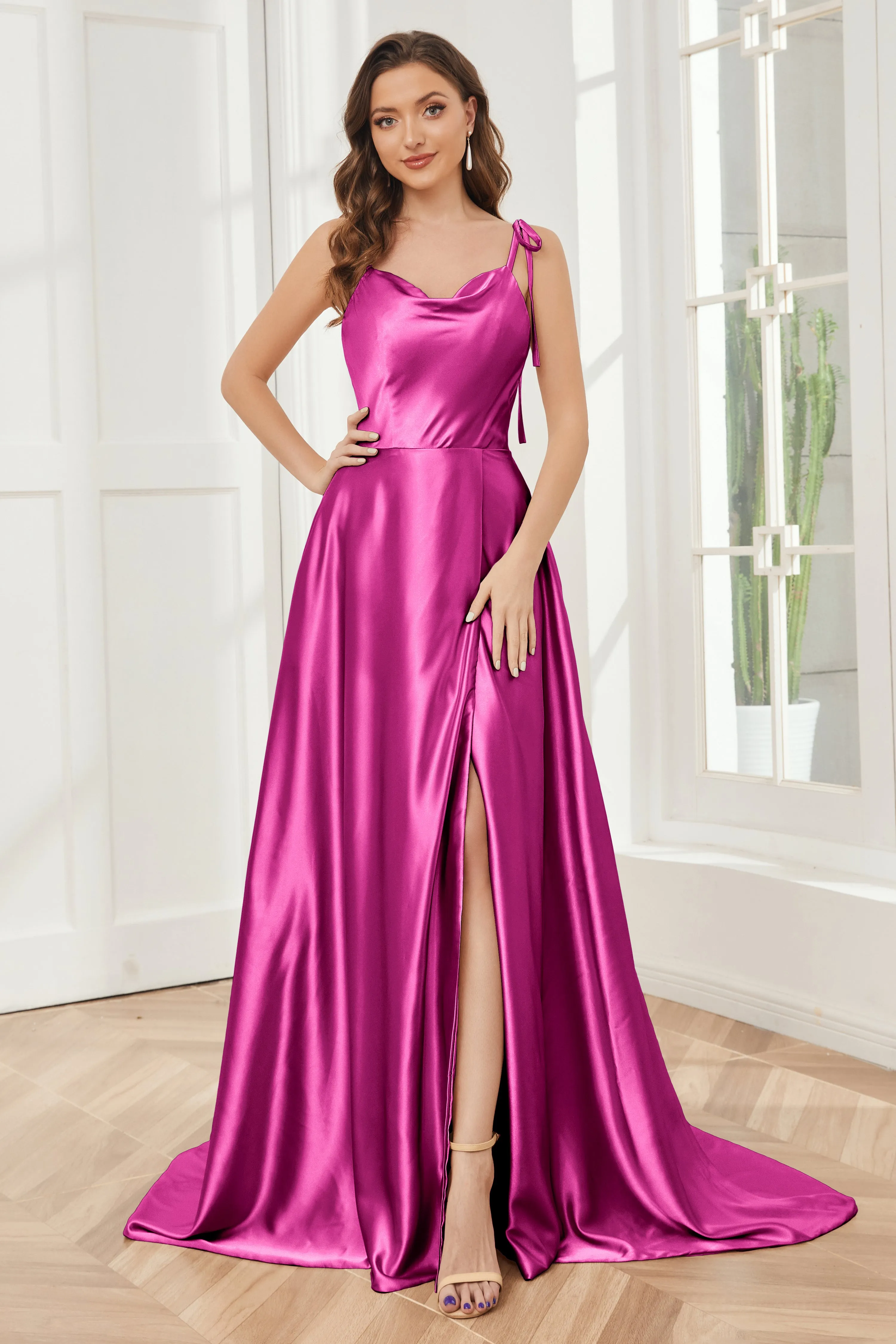 Spaghetti Straps Soft Satin Bridesmaid Dress with Train