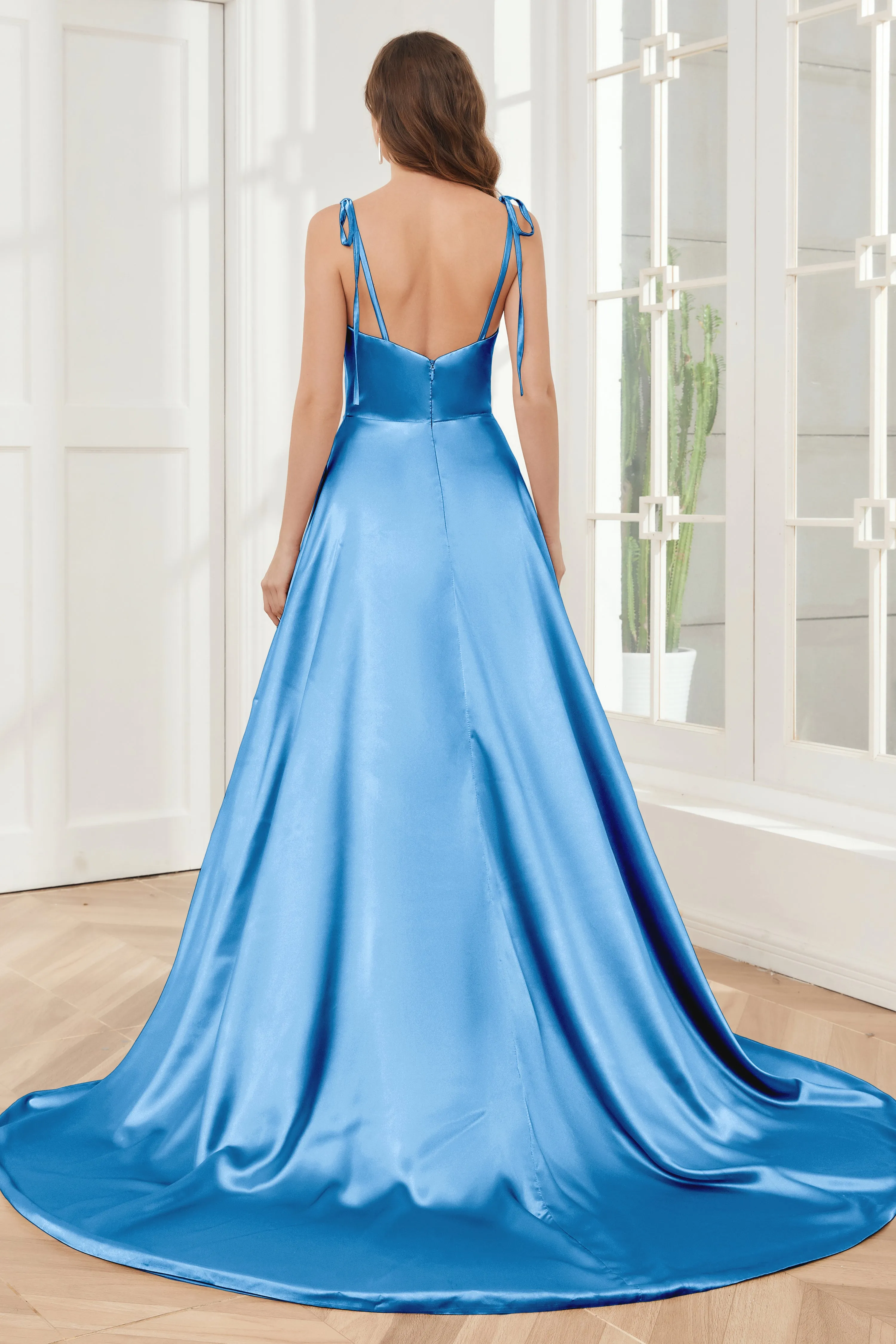 Spaghetti Straps Soft Satin Bridesmaid Dress with Train
