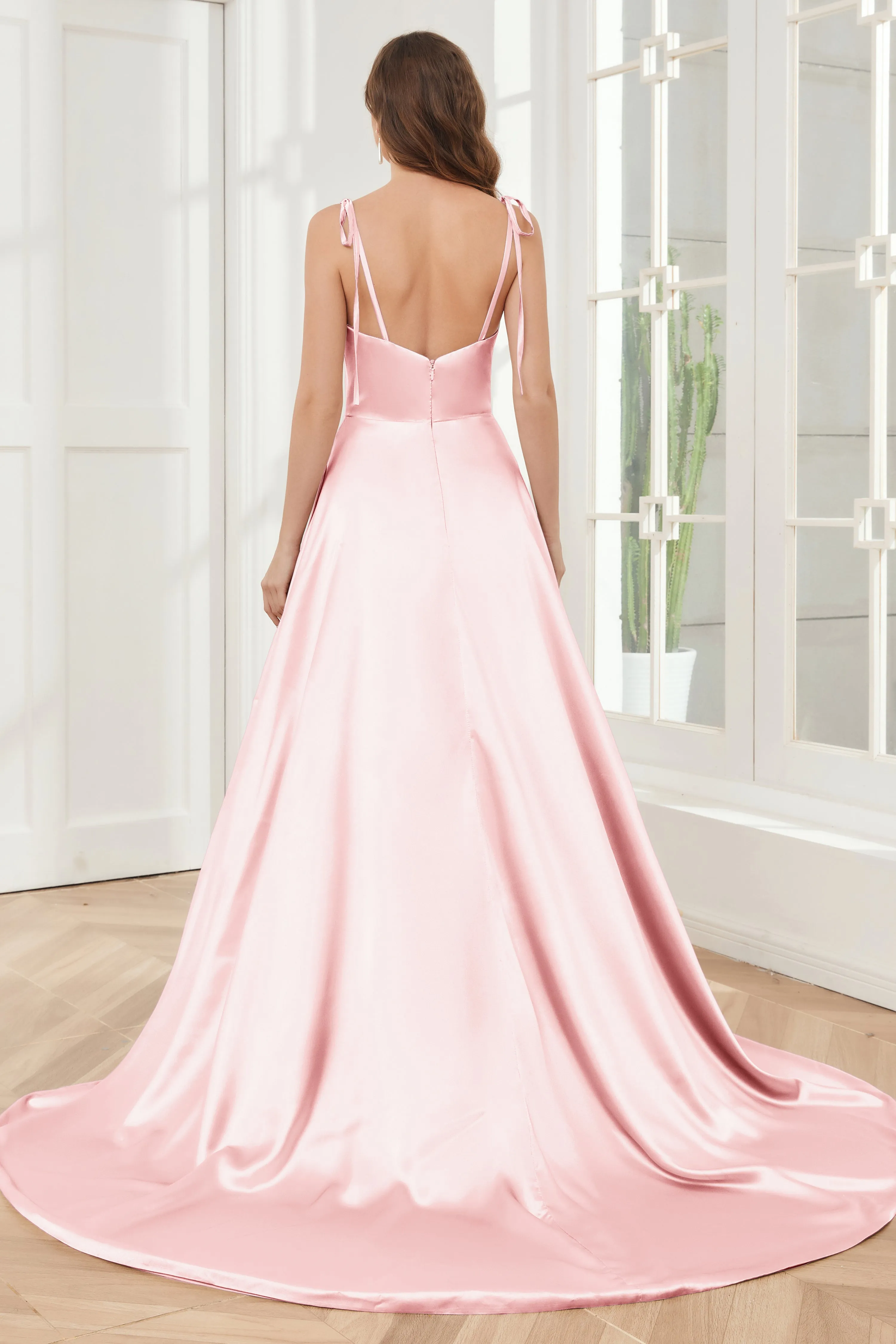 Spaghetti Straps Soft Satin Bridesmaid Dress with Train