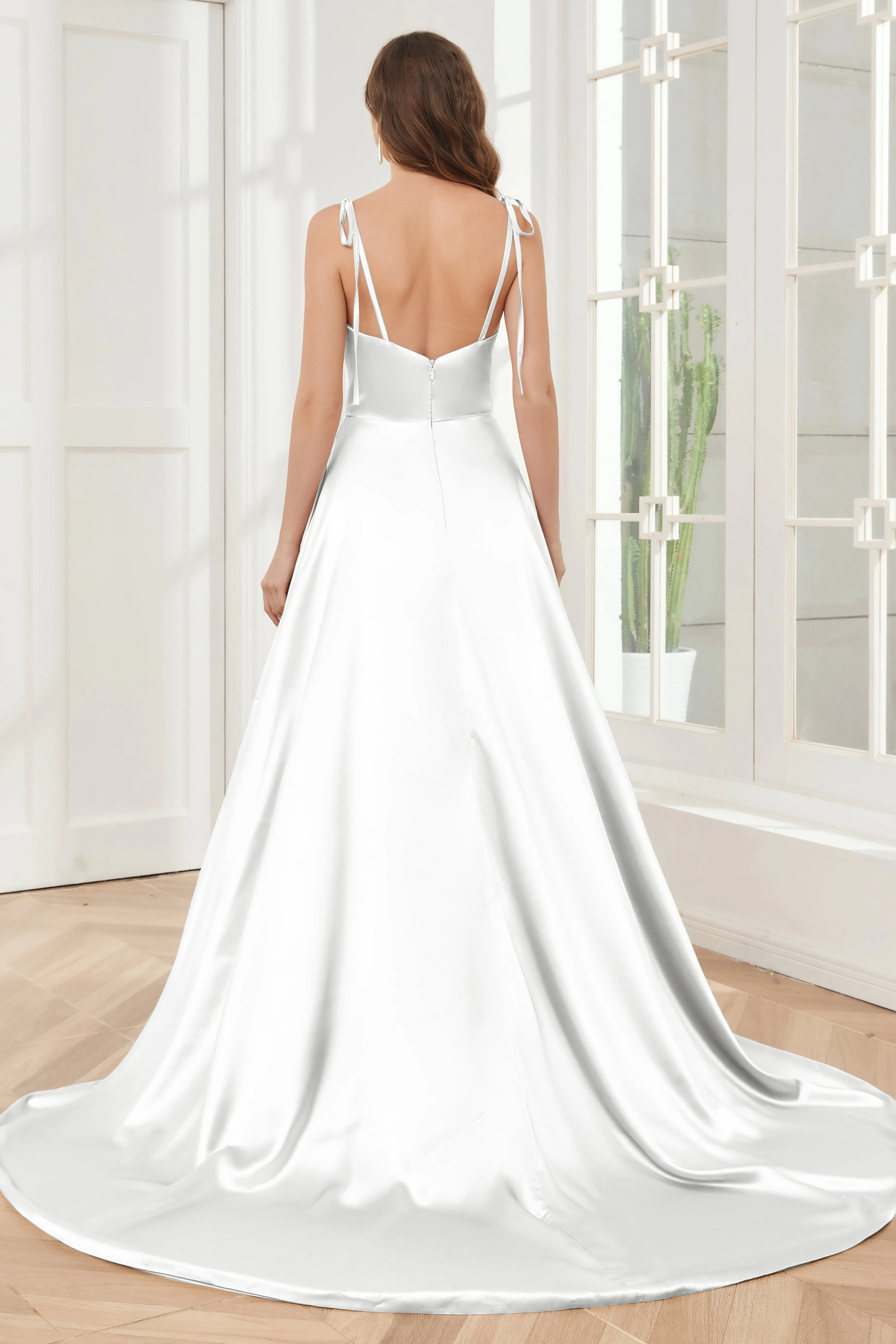 Spaghetti Straps Soft Satin Bridesmaid Dress with Train