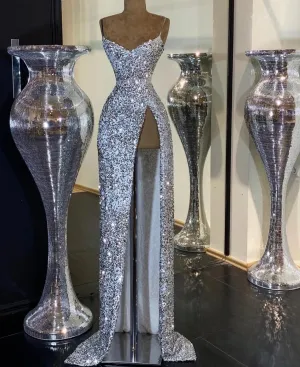 Sparkling Crystal Off Shoulder Sleeveless High Split New Dresses Fashion Slim Sexy Backless Mopping Evening Dresses For Women