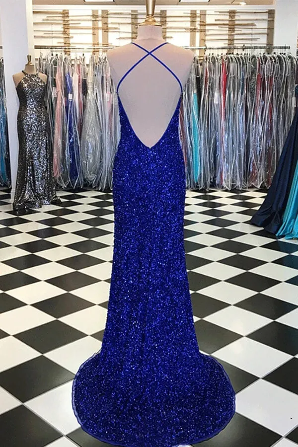 Sparkly Sheath Royal Blue Prom Dresses, Evening Dresses with Slit, SP679