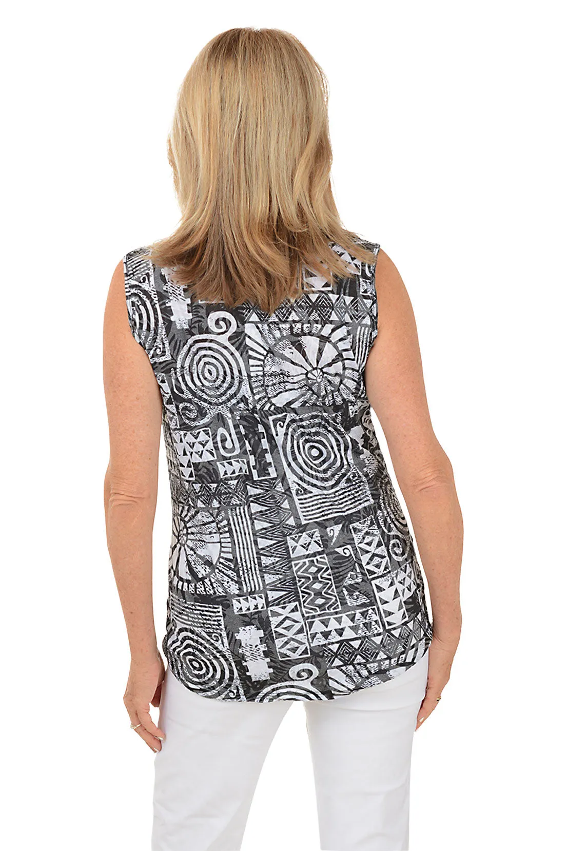 Spiral Shells Sleeveless Button-Front Crinkle Top