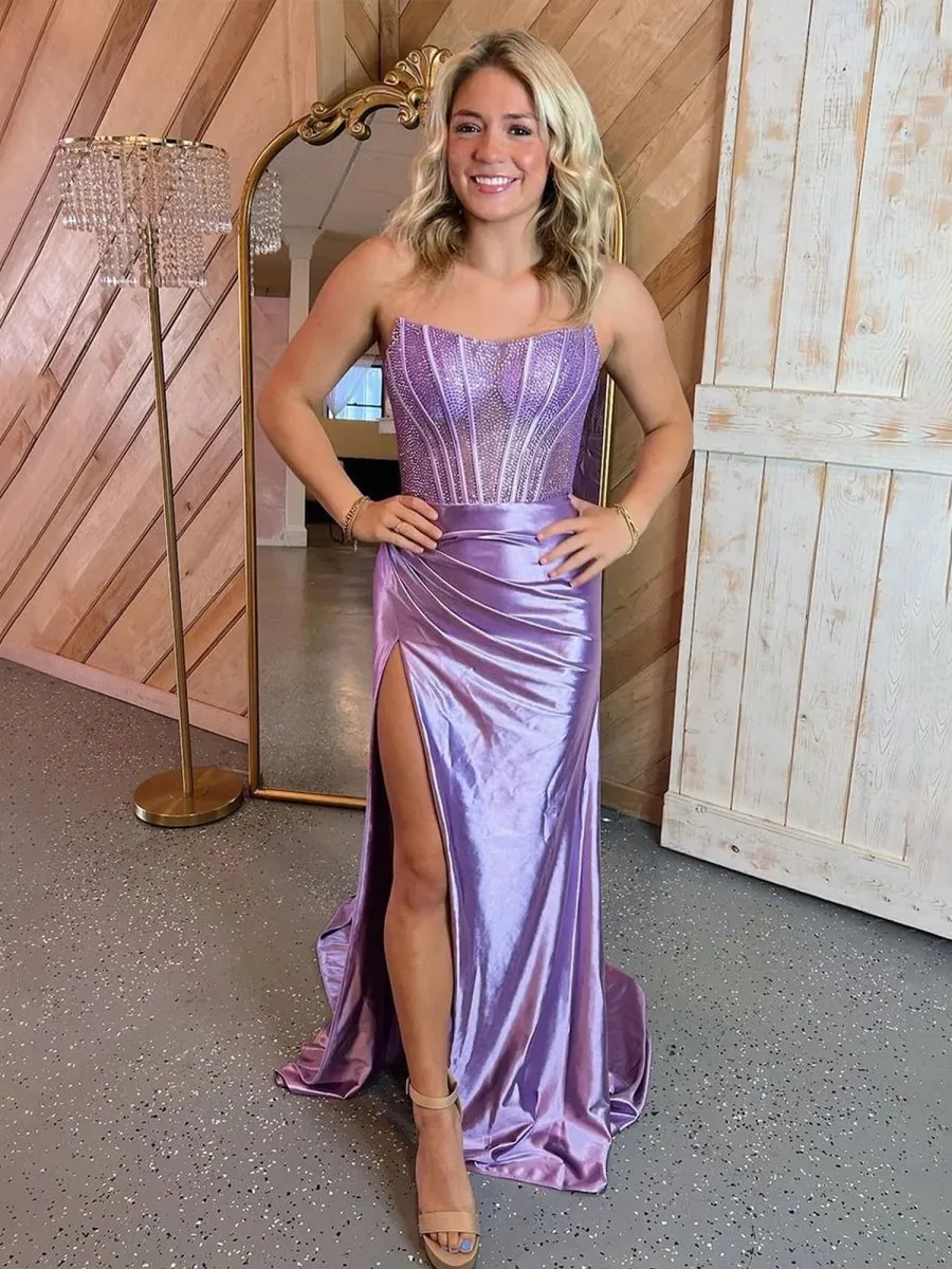 Strapless Satin Sheath Long Prom Dresses with Slit