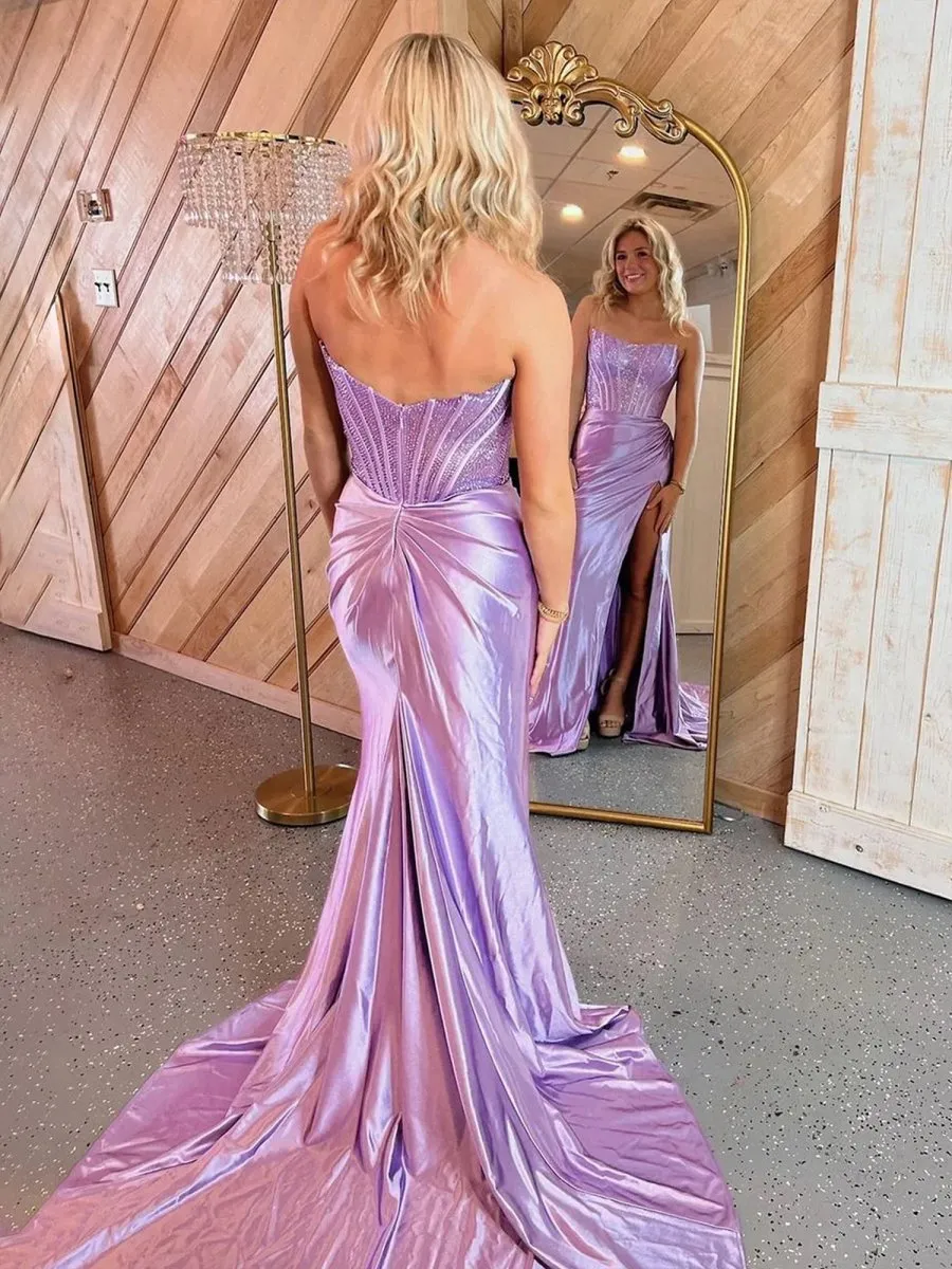 Strapless Satin Sheath Long Prom Dresses with Slit
