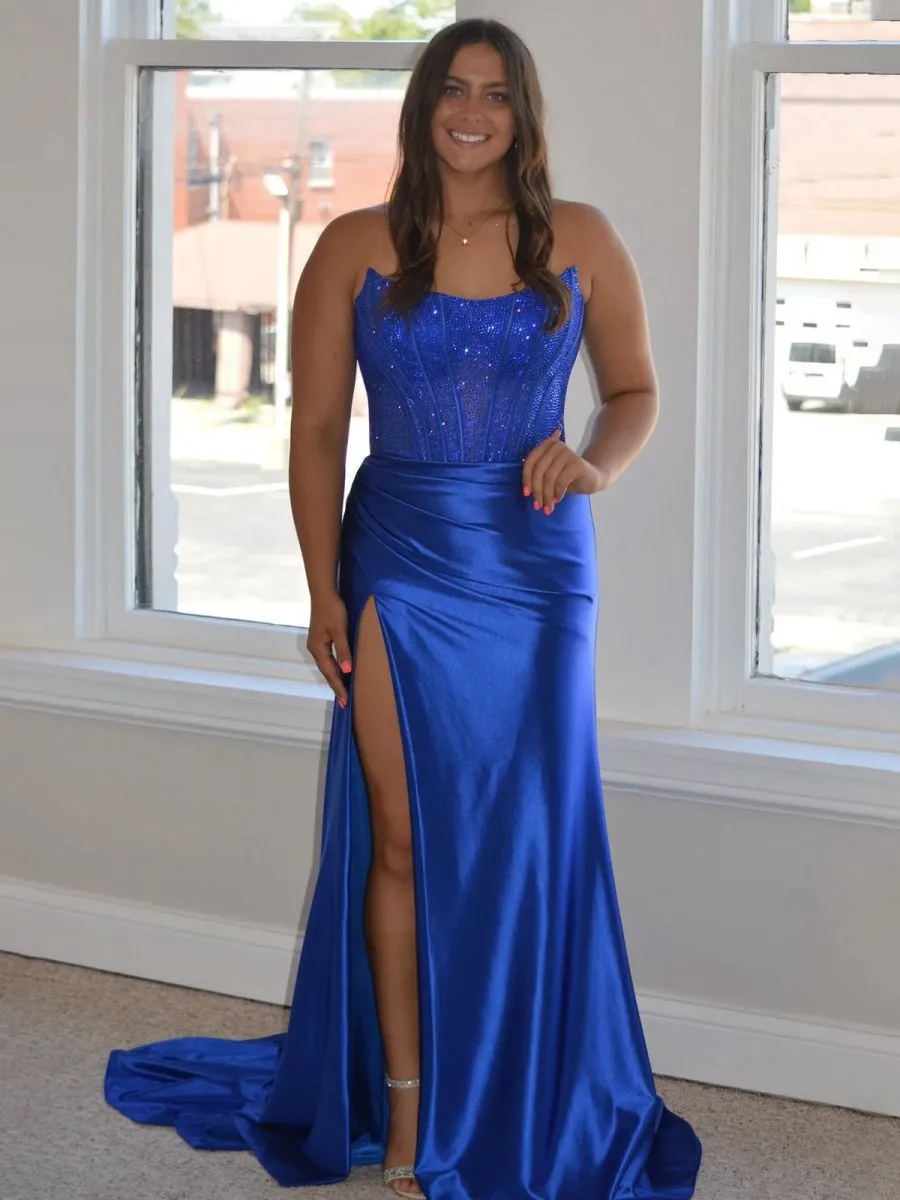 Strapless Satin Sheath Long Prom Dresses with Slit