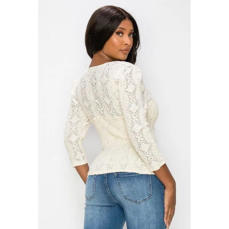 Stratch smocked front button square neck top