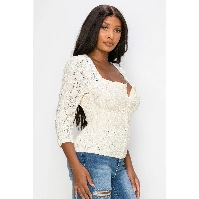 Stratch smocked front button square neck top