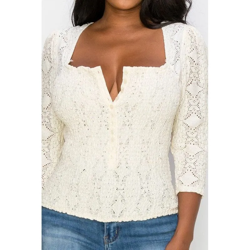 Stratch smocked front button square neck top