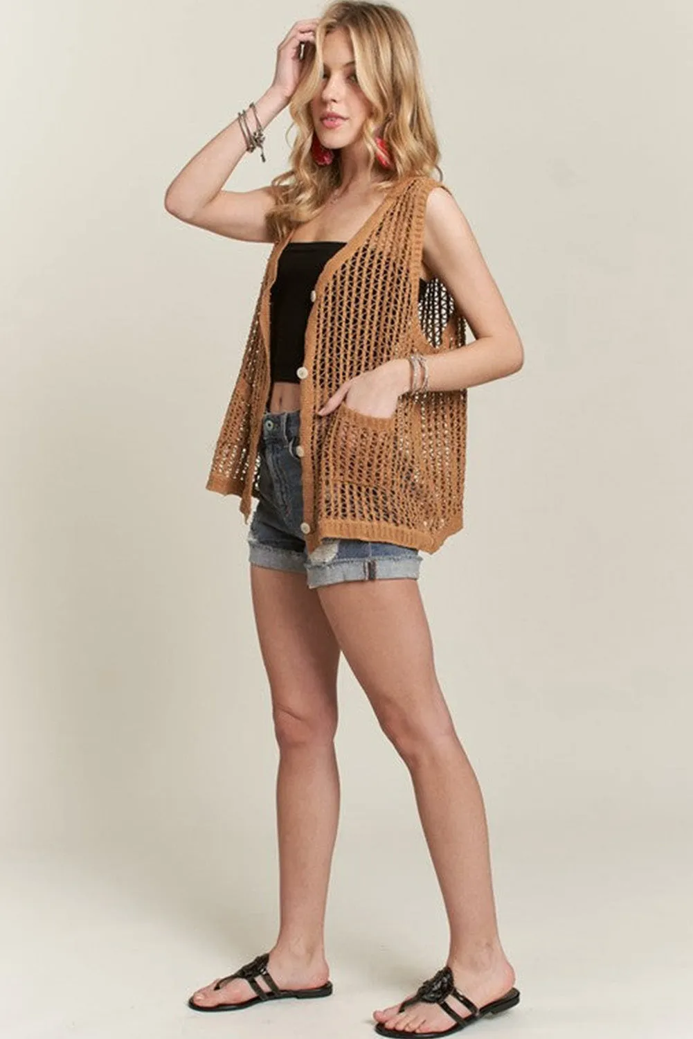 Straw Yellow Crochet Open Knit Button Vest Top