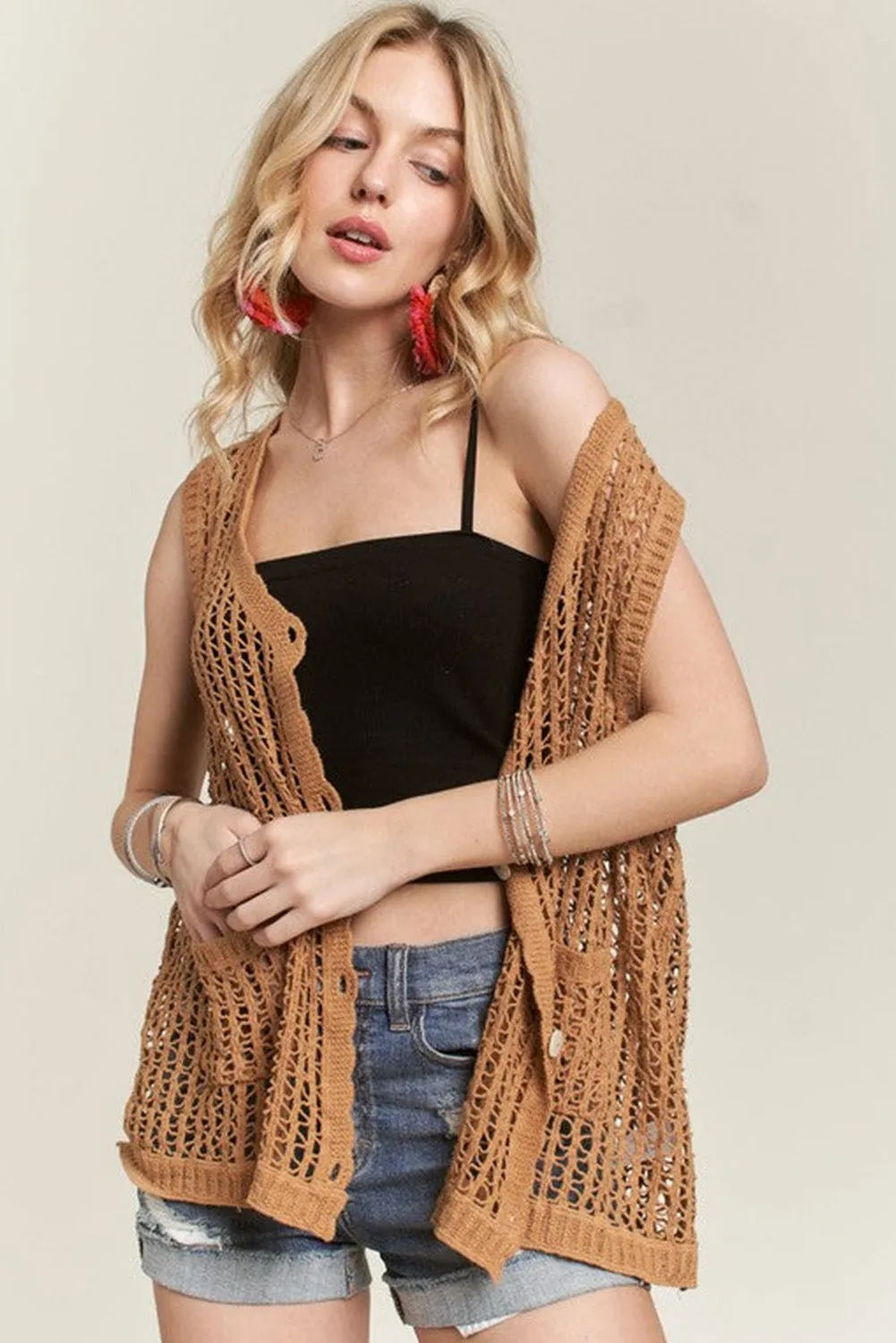 Straw Yellow Crochet Open Knit Button Vest Top