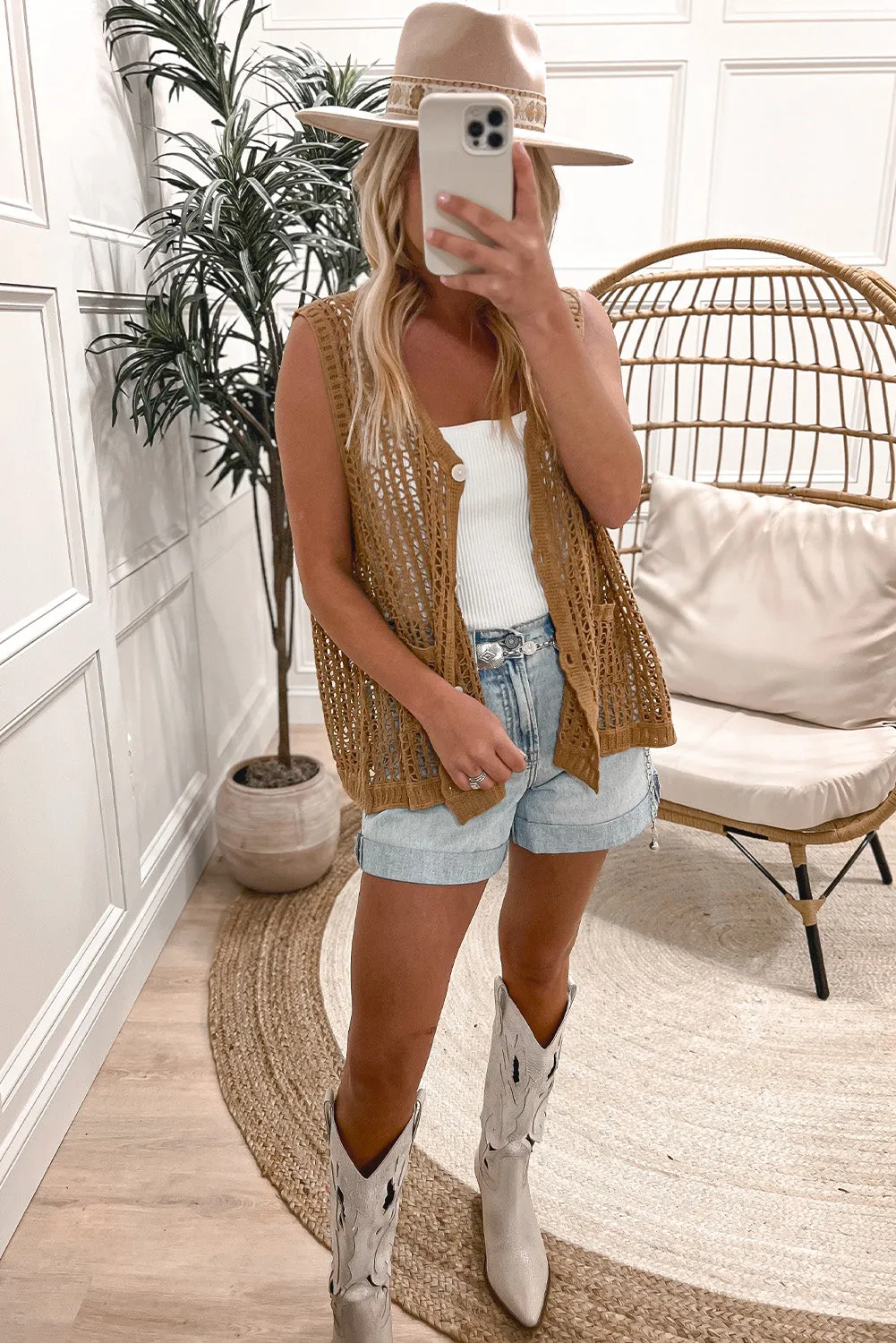 Straw Yellow Crochet Open Knit Button Vest Top