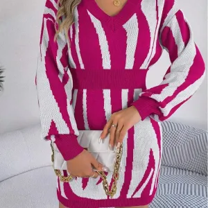 Striped V-Neck Wrap Hip Sweater Dress