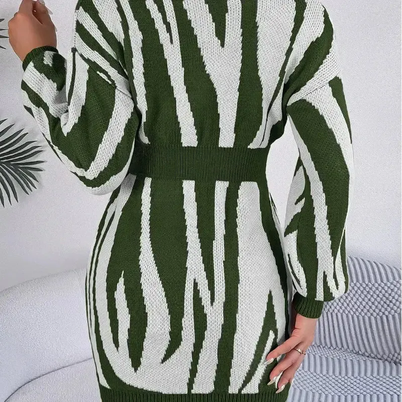 Striped V-Neck Wrap Hip Sweater Dress