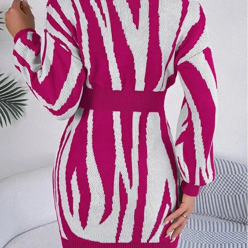 Striped V-Neck Wrap Hip Sweater Dress