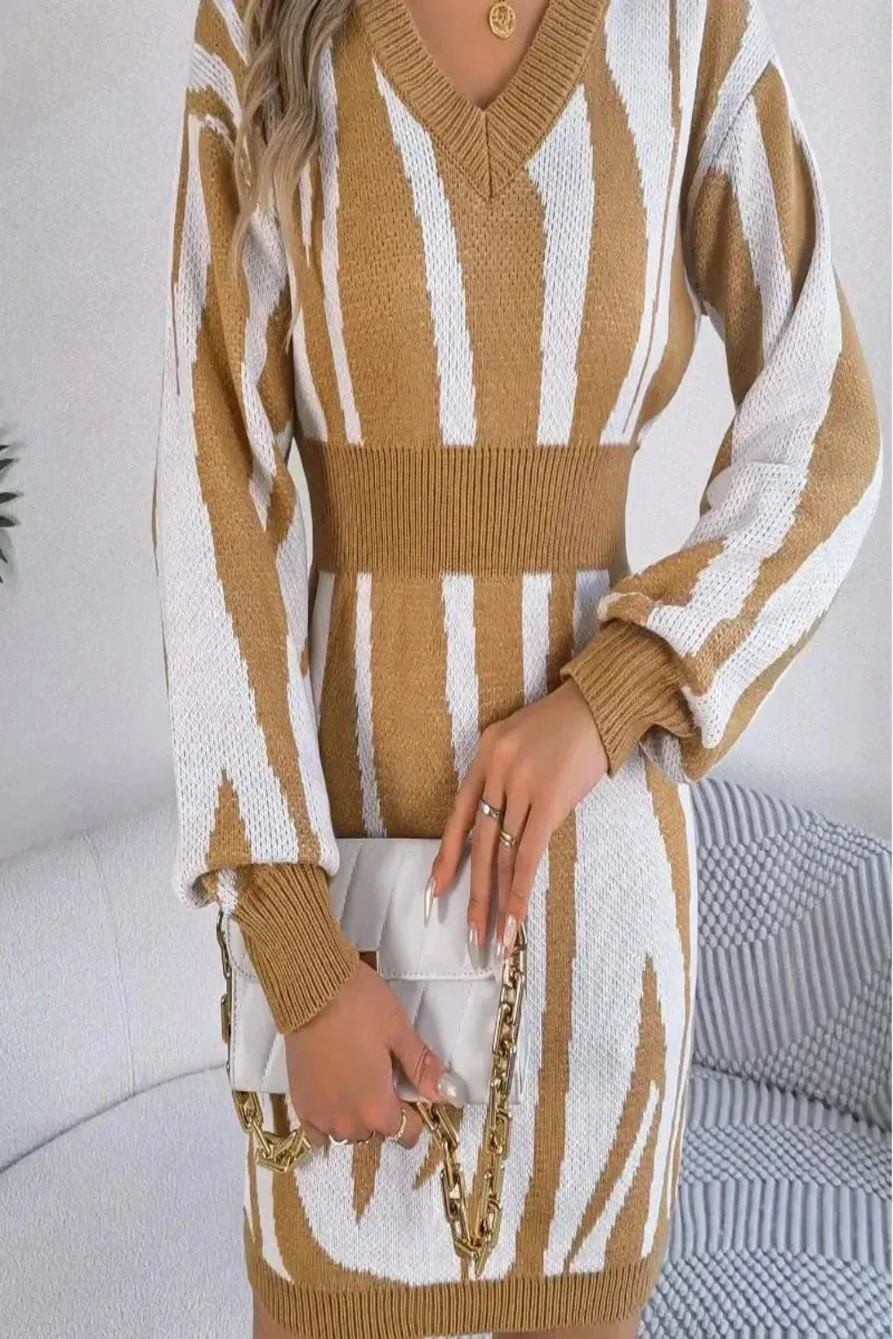 Striped V-Neck Wrap Hip Sweater Dress