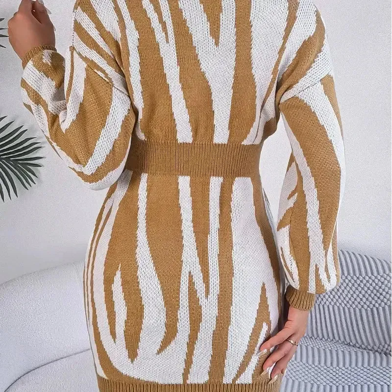 Striped V-Neck Wrap Hip Sweater Dress