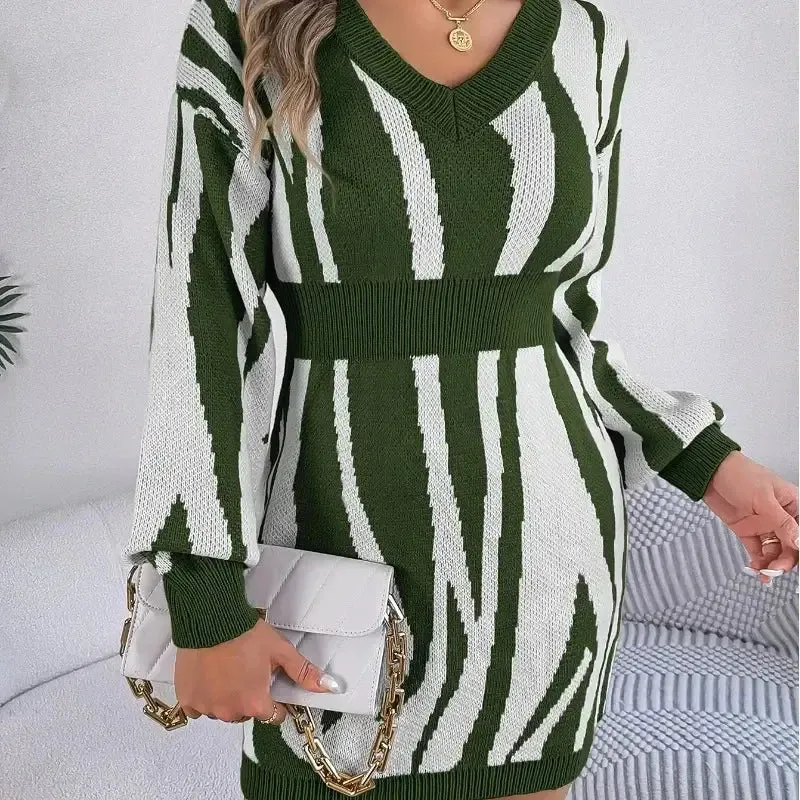 Striped V-Neck Wrap Hip Sweater Dress