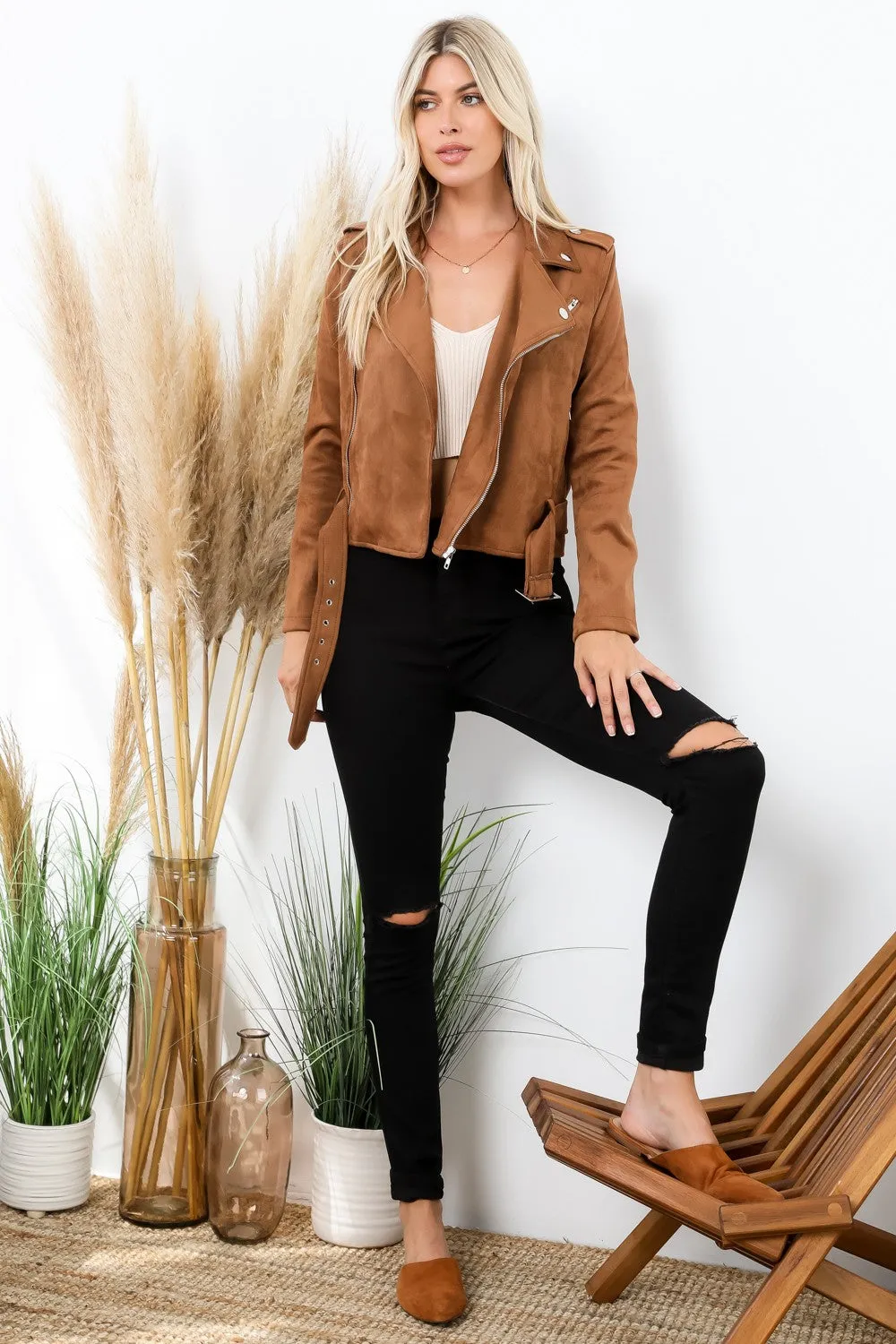 Suede Moto Jacket - Camel