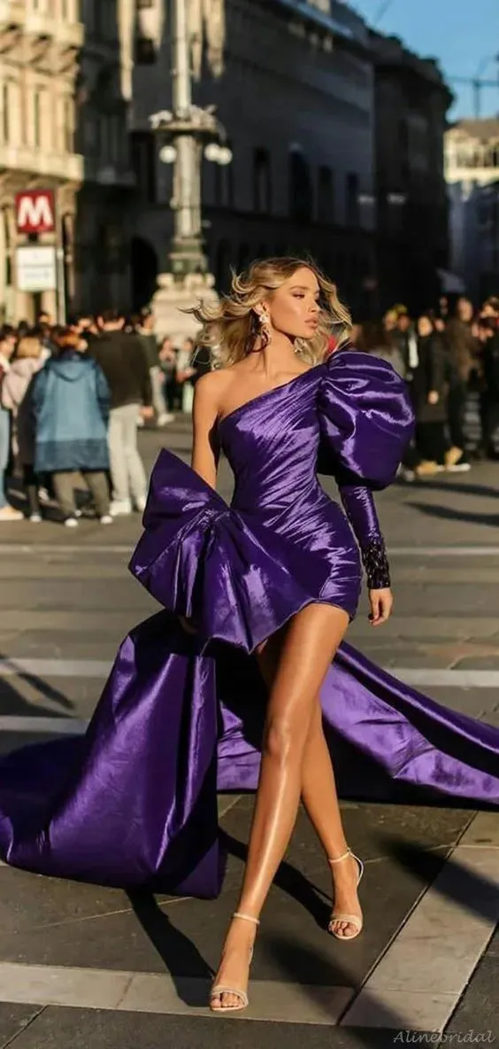 Summer Purple Mini Prom Dresses With Detachable Train Pleats Long Sleeve Evening Gowns Pageant Dress Robes De Soirée