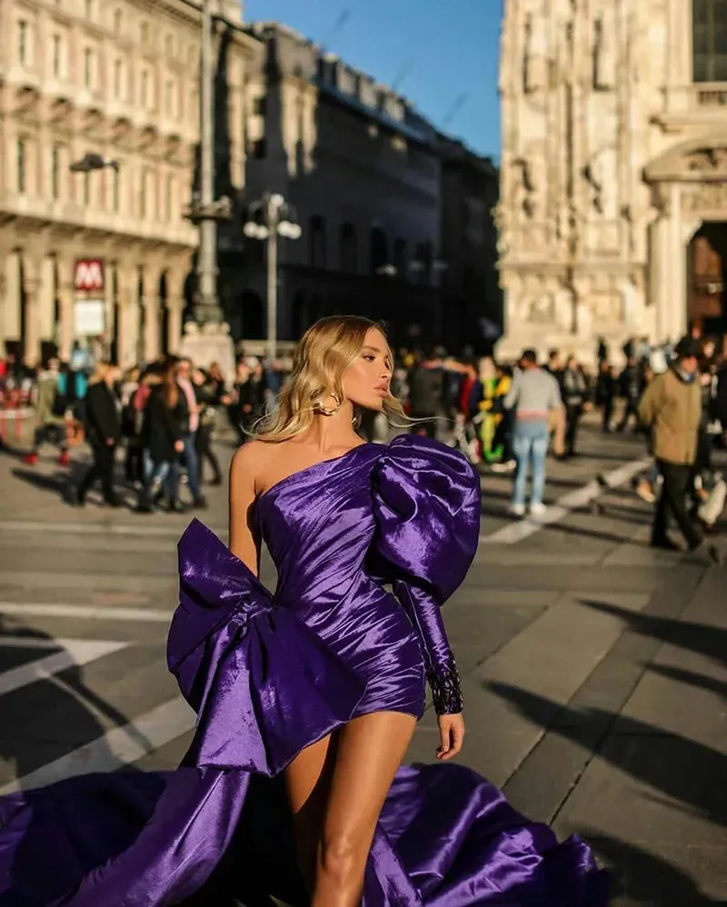 Summer Purple Mini Prom Dresses With Detachable Train Pleats Long Sleeve Evening Gowns Pageant Dress Robes De Soirée