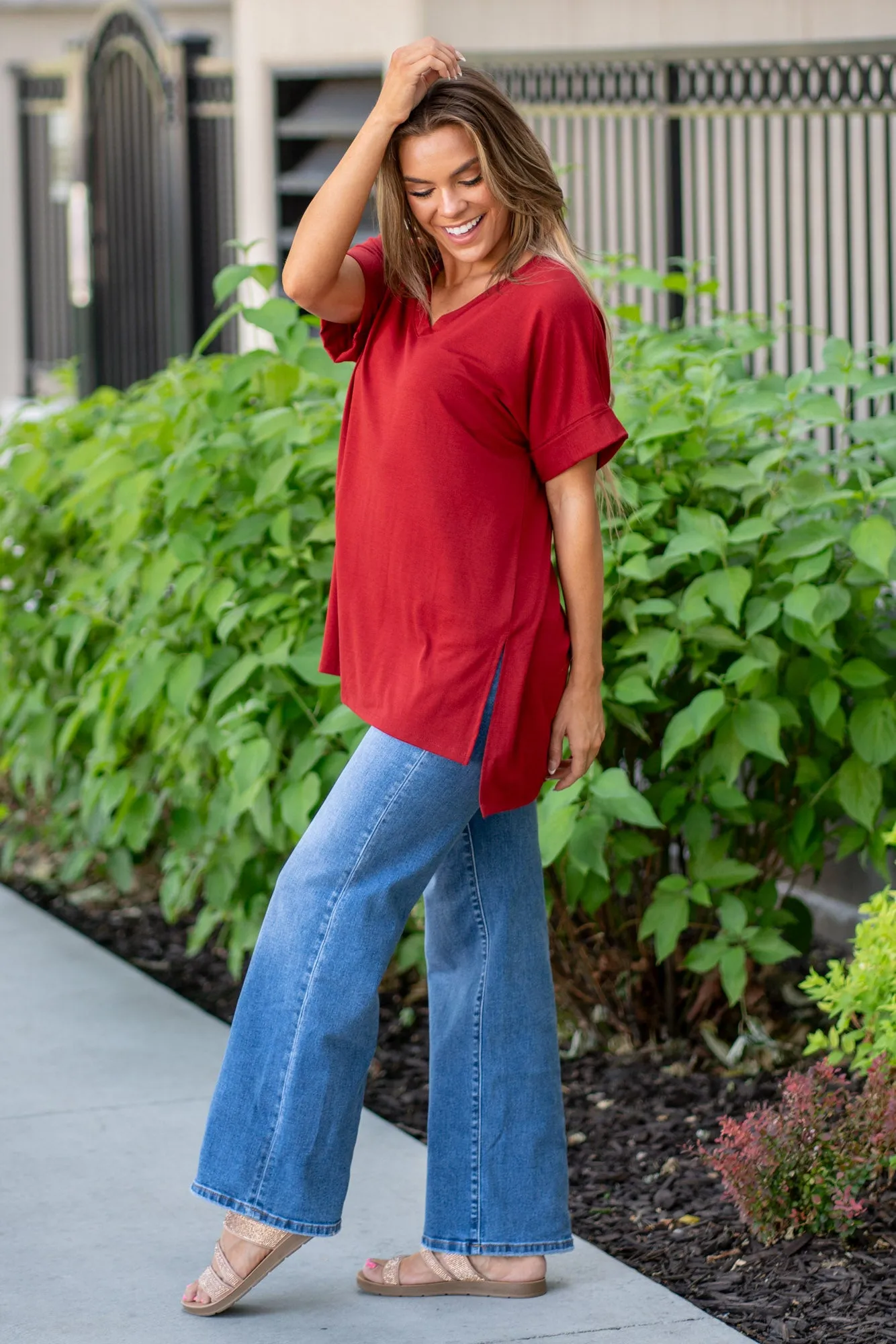 Super Soft Tee High Low Hem V Neck Top - Copper Red