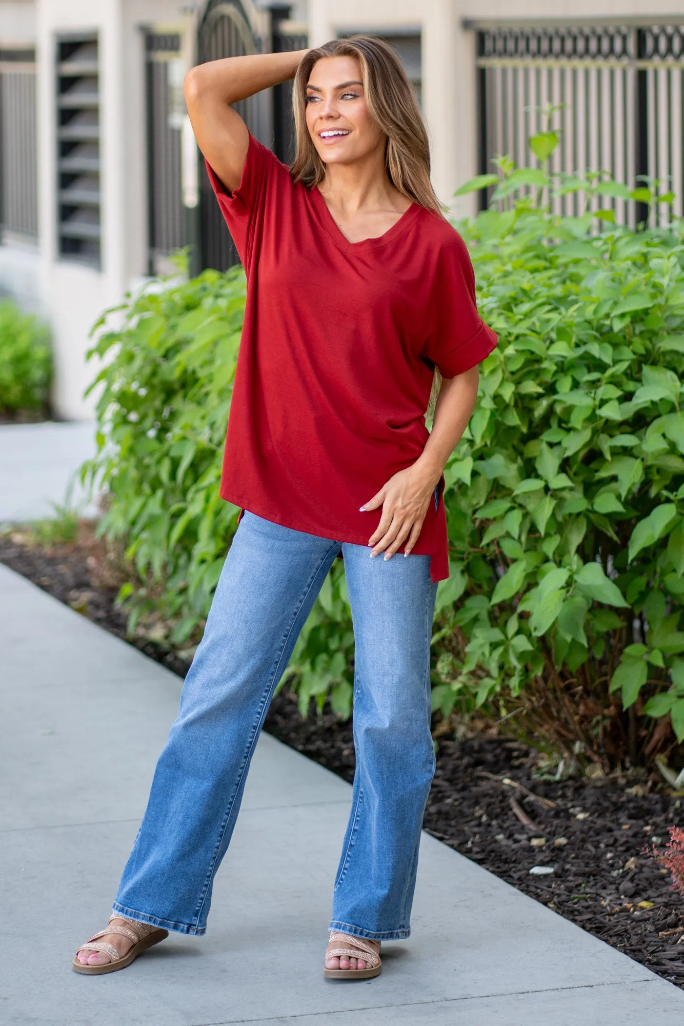 Super Soft Tee High Low Hem V Neck Top - Copper Red