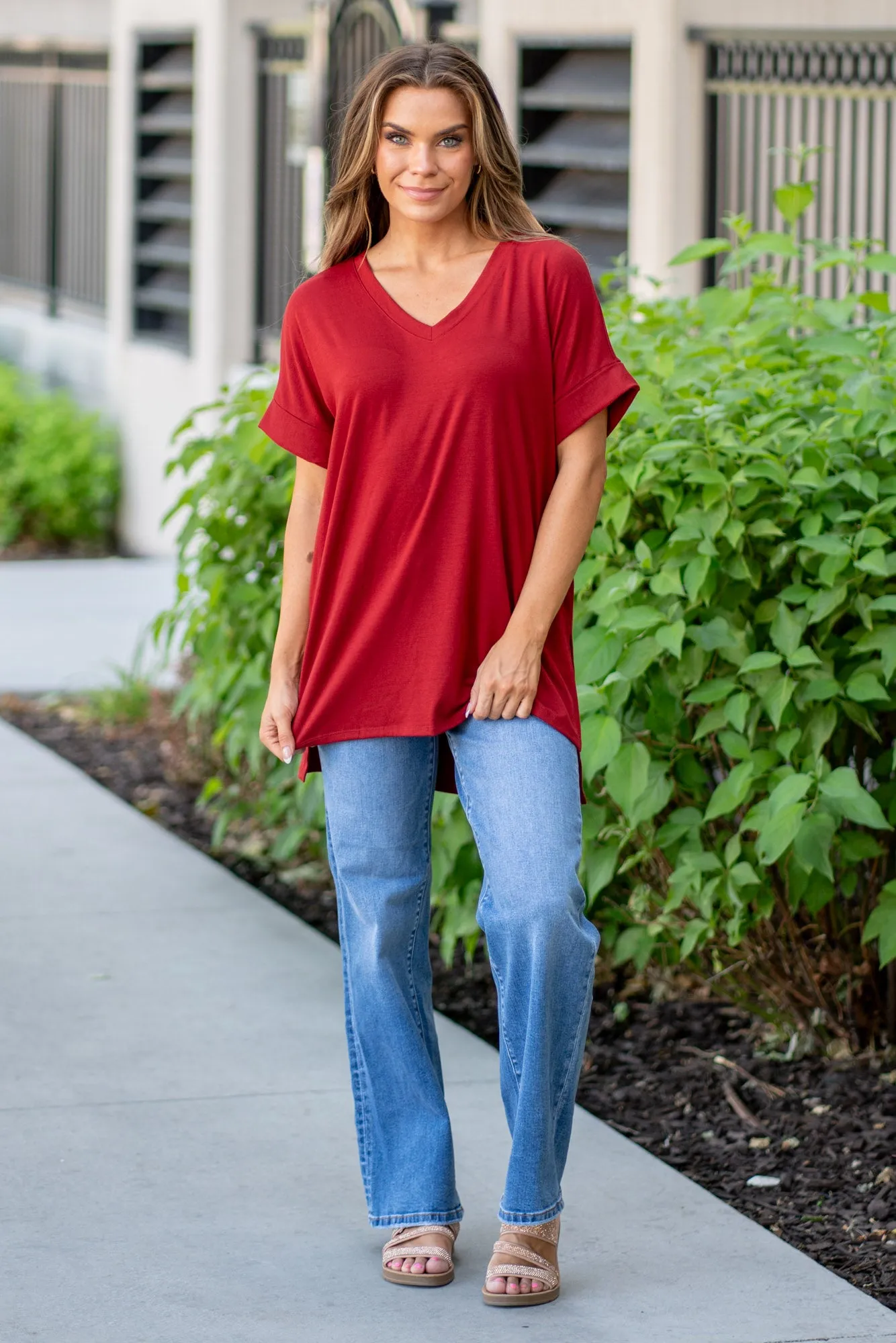 Super Soft Tee High Low Hem V Neck Top - Copper Red