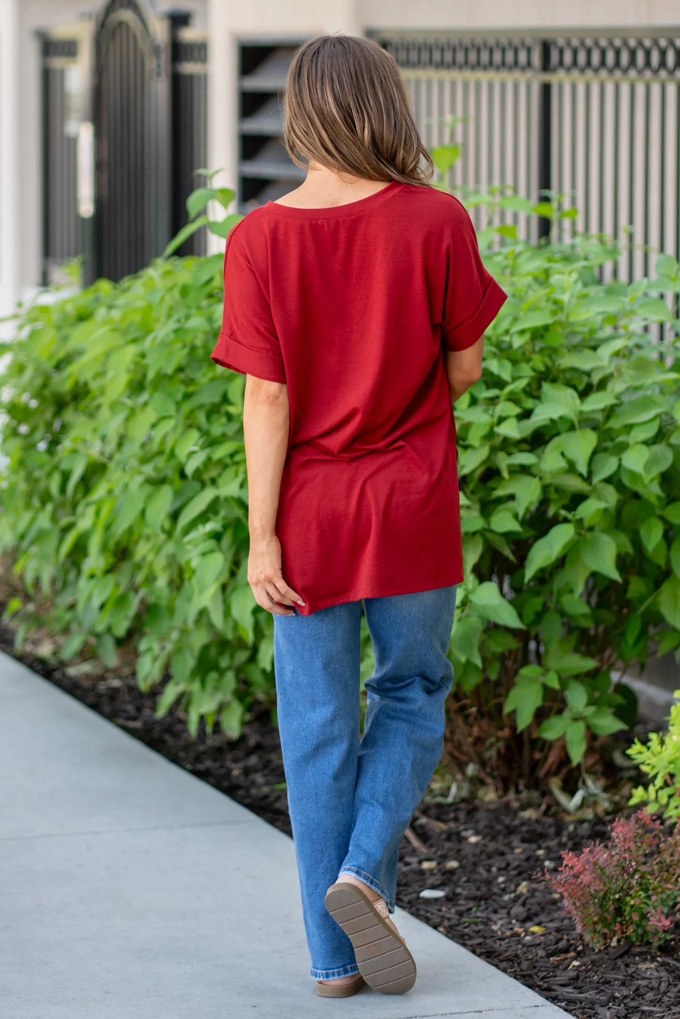 Super Soft Tee High Low Hem V Neck Top - Copper Red
