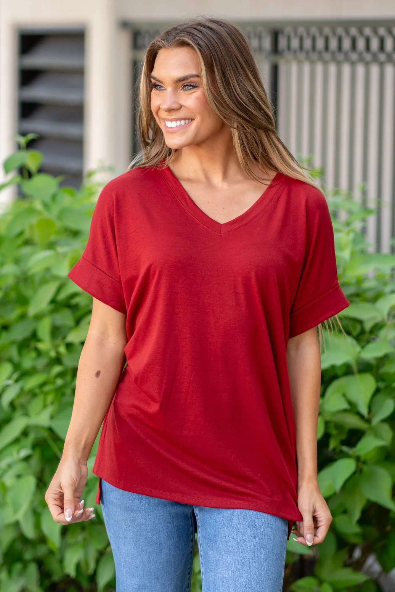 Super Soft Tee High Low Hem V Neck Top - Copper Red