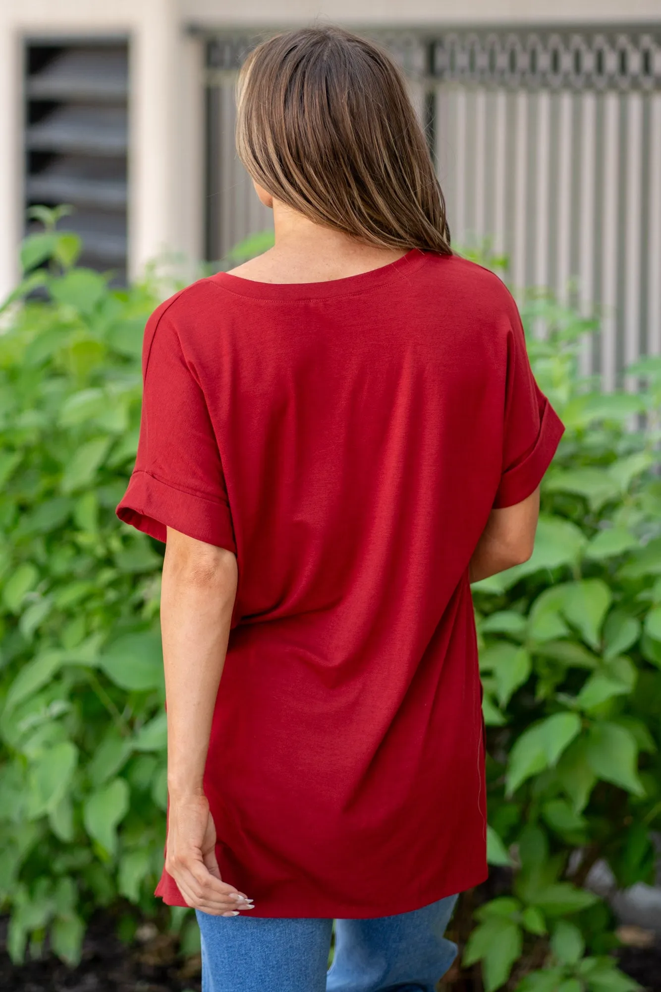 Super Soft Tee High Low Hem V Neck Top - Copper Red