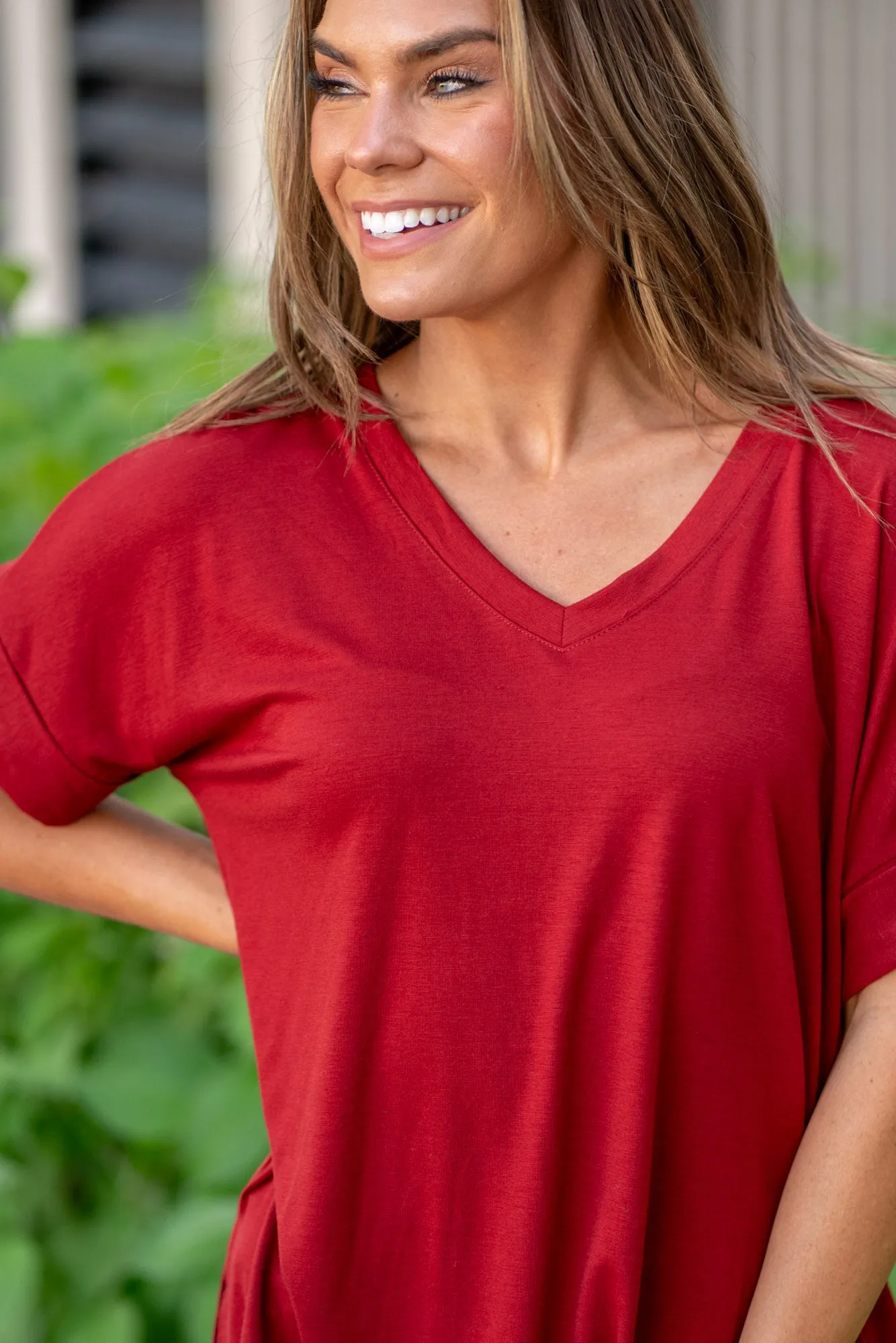 Super Soft Tee High Low Hem V Neck Top - Copper Red