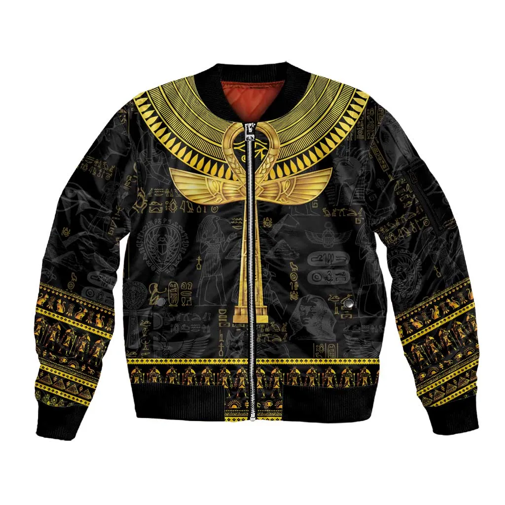 The Ankh Egyptian Hieroglyphs Sleeve Zip Bomber Jacket LT9