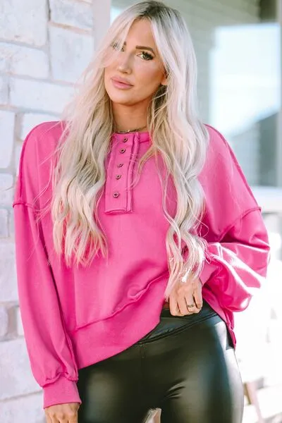 Tianne Exposed Seam Half Button Long Sleeve Sweatshirt