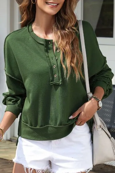 Tianne Exposed Seam Half Button Long Sleeve Sweatshirt