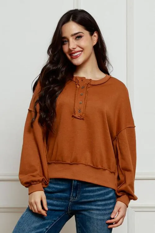Tianne Exposed Seam Half Button Long Sleeve Sweatshirt