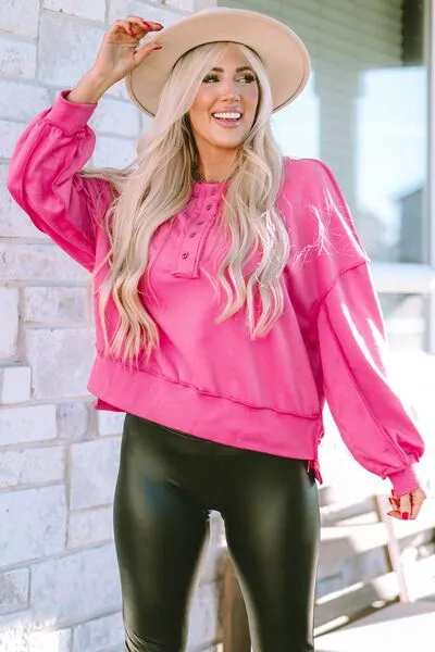 Tianne Exposed Seam Half Button Long Sleeve Sweatshirt