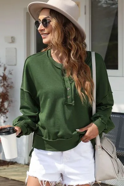Tianne Exposed Seam Half Button Long Sleeve Sweatshirt