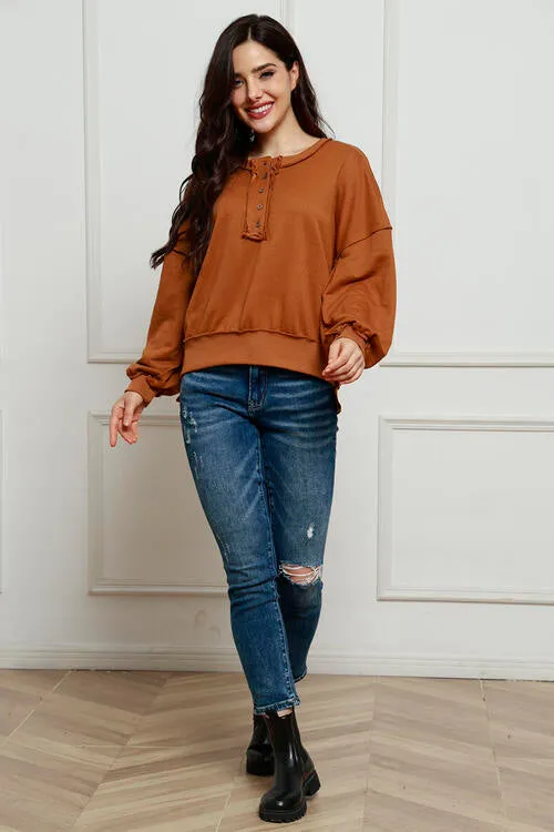 Tianne Exposed Seam Half Button Long Sleeve Sweatshirt